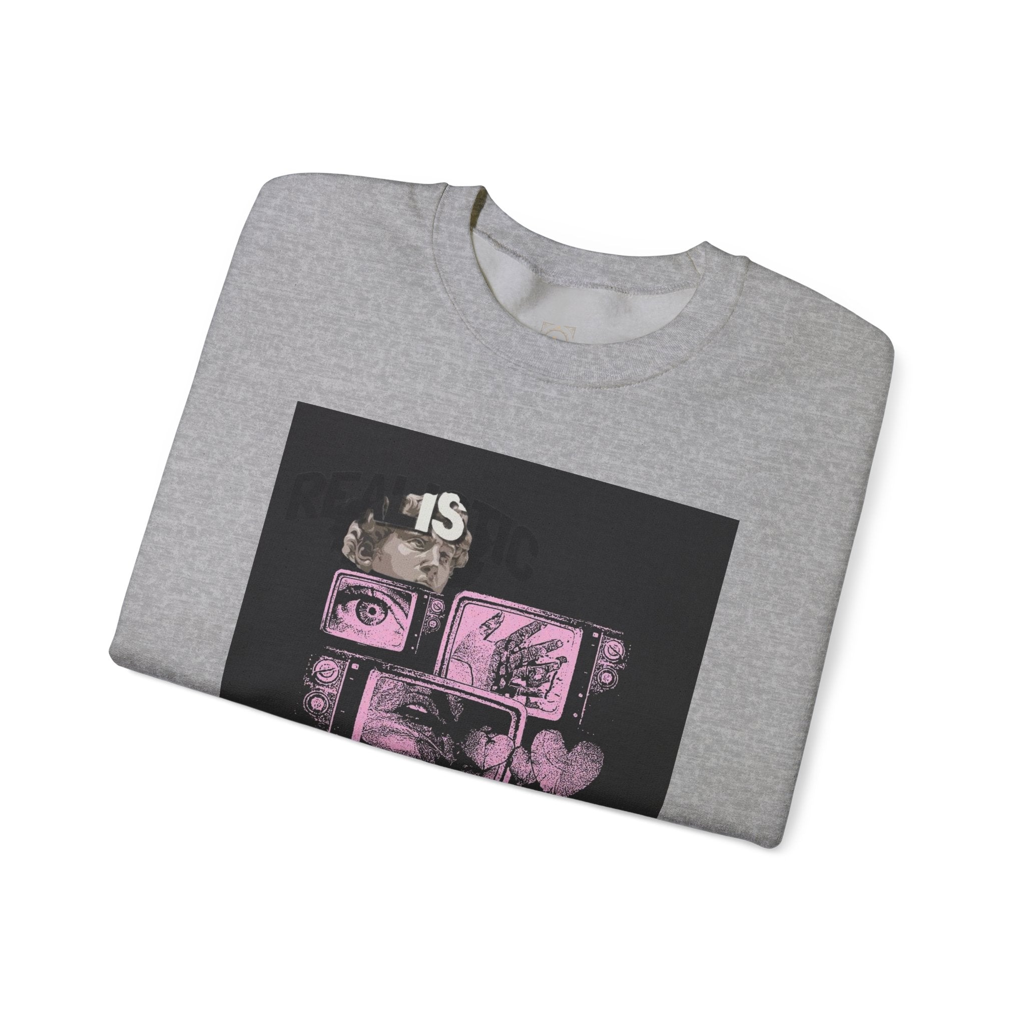 Crewneck Sweatshirt — Pink Collage Eyes Graphic “Gonna Get You, Kiddo”