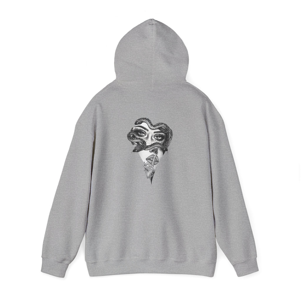 Abstract Heart Mask Hoodie — Surreal Black & White Graphic Pullover