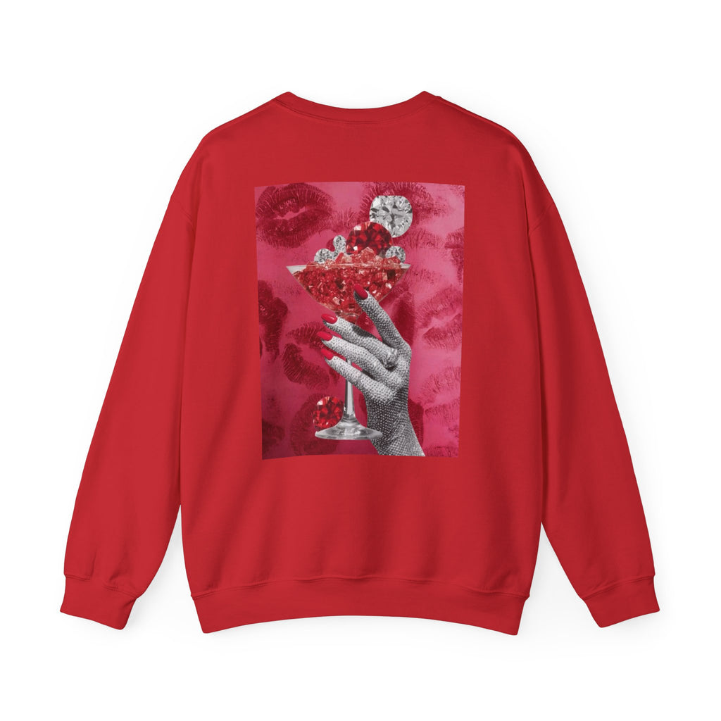 Crewneck Sweatshirt — Glamorous Red Cocktail Collage (Hand Holding Glass, Lip Print)