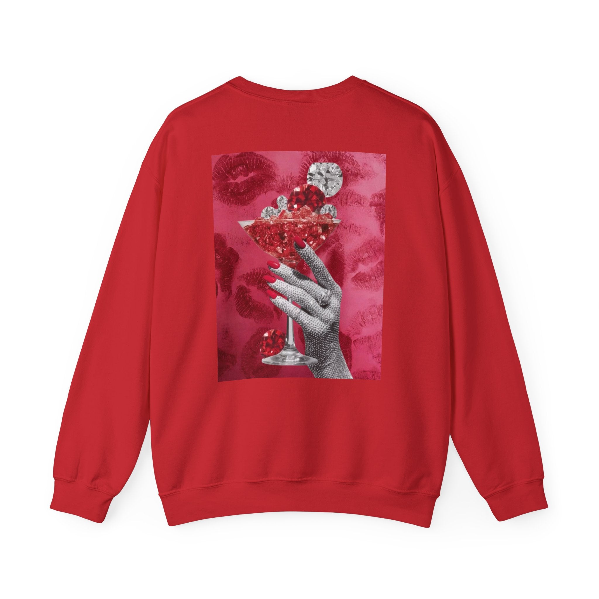 Crewneck Sweatshirt — Glamorous Red Cocktail Collage (Hand Holding Glass, Lip Print)
