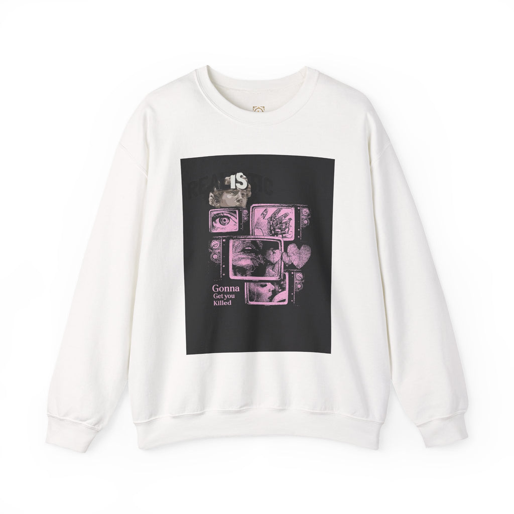 Crewneck Sweatshirt — Pink Collage Eyes Graphic “Gonna Get You, Kiddo”