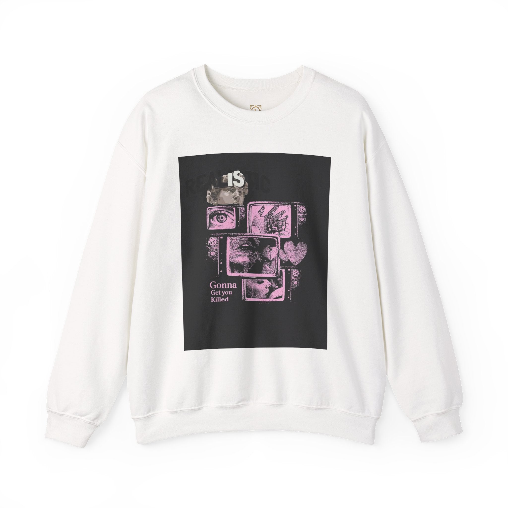 Crewneck Sweatshirt — Pink Collage Eyes Graphic “Gonna Get You, Kiddo”