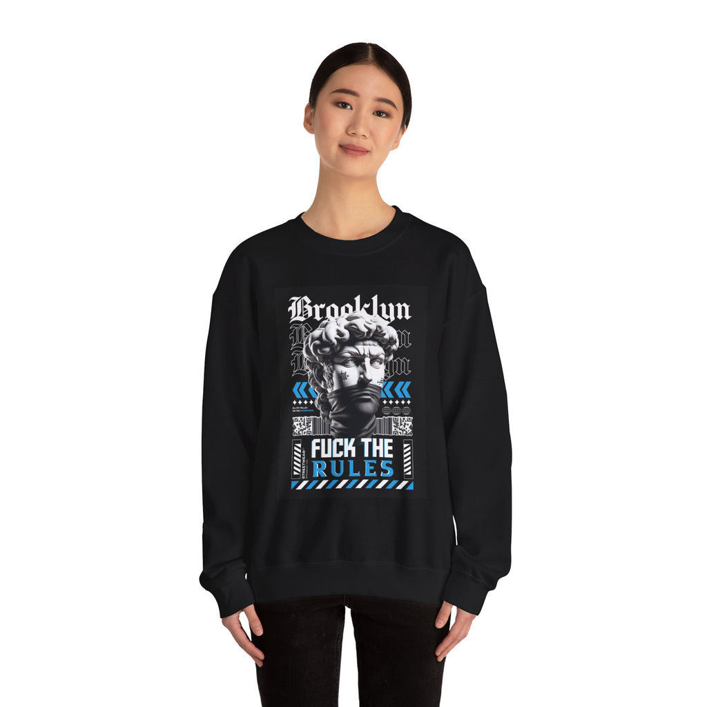 Crewneck Sweatshirt — 'Brooklyn' Statue Graphic with “Fuck the Rules” Streetwear Slogan