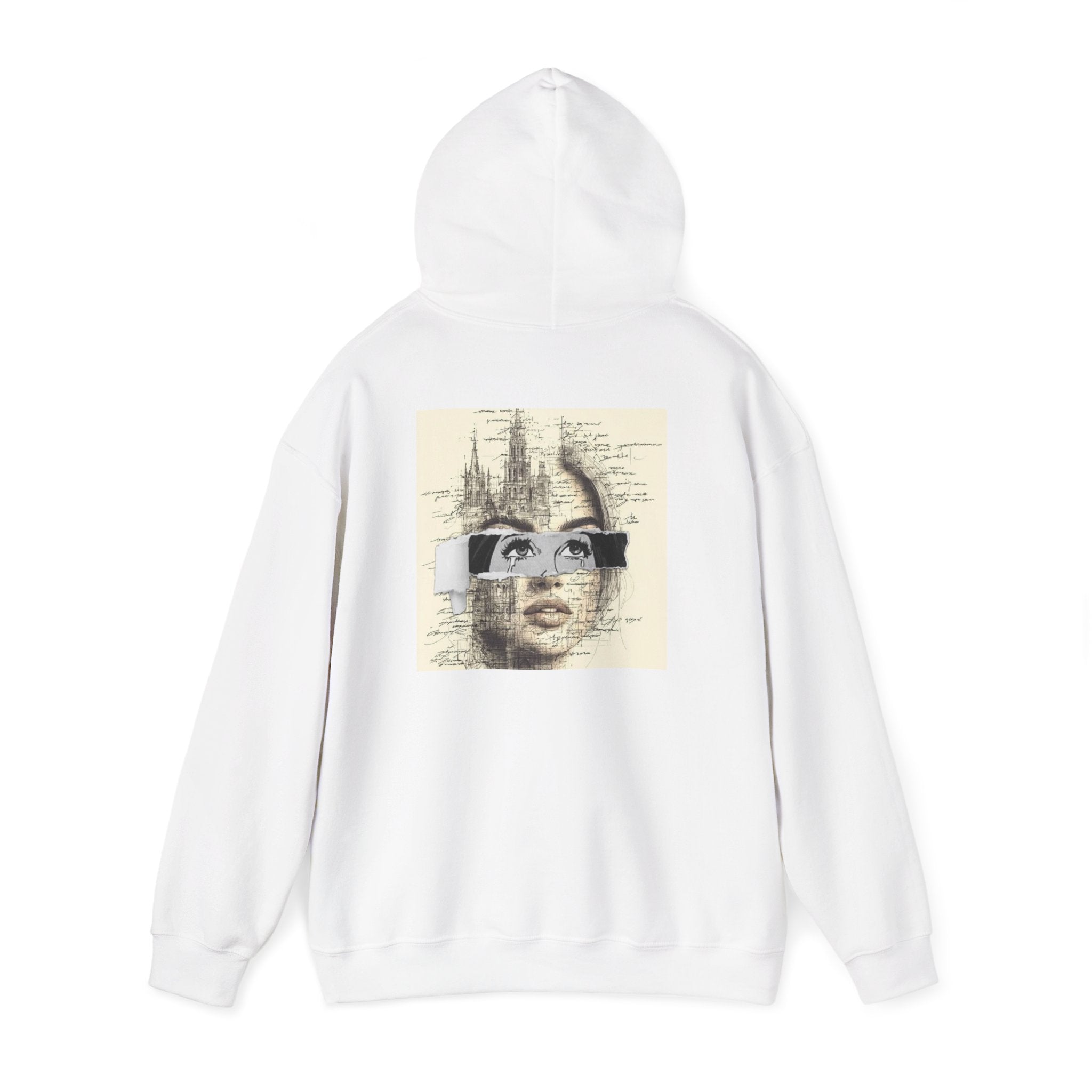 Artistic Face Collage Hoodie — Vintage Script Portrait Sweatshirt