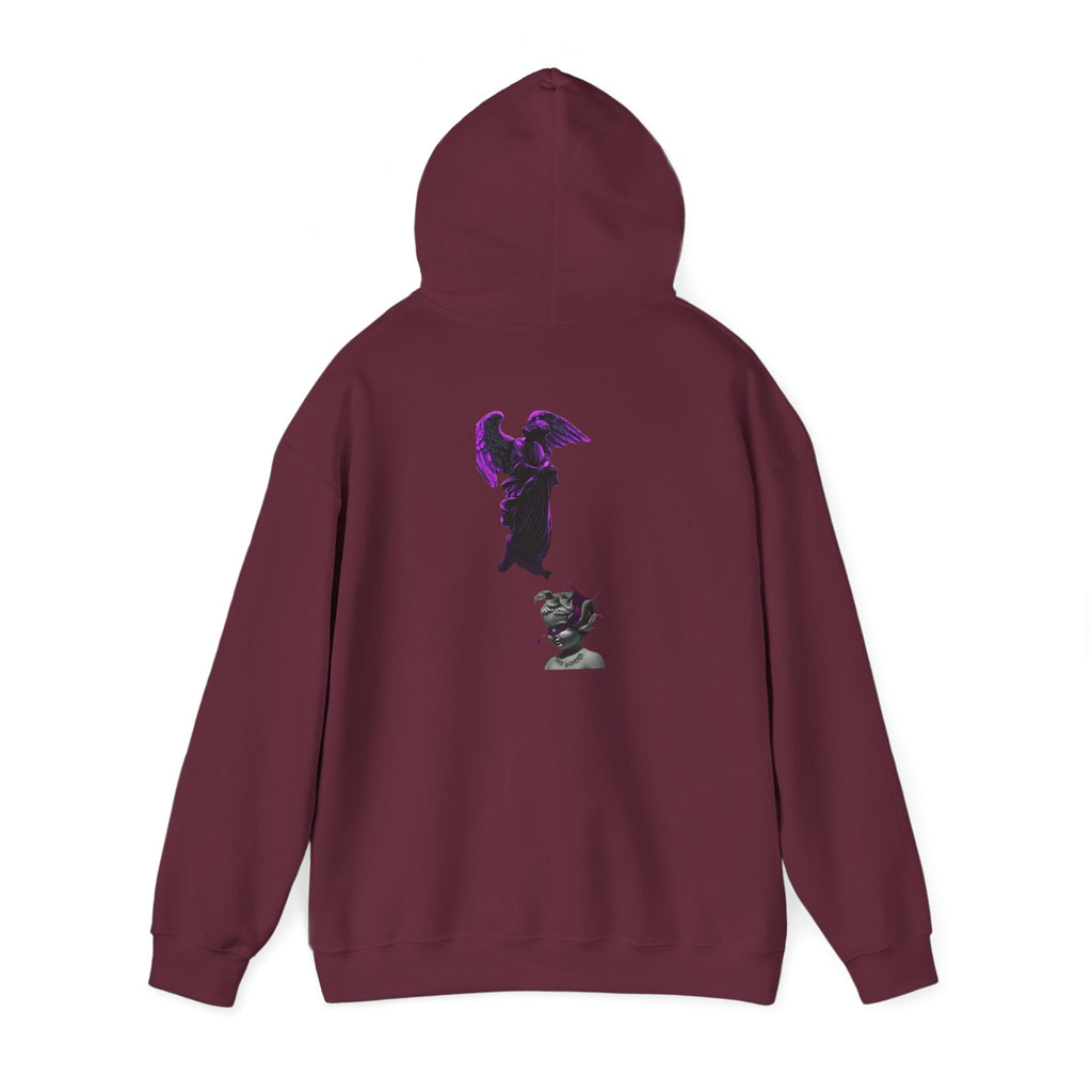 Angel Statue Hoodie — Gothic Purple Accent Sculptural Graphic Hoodie