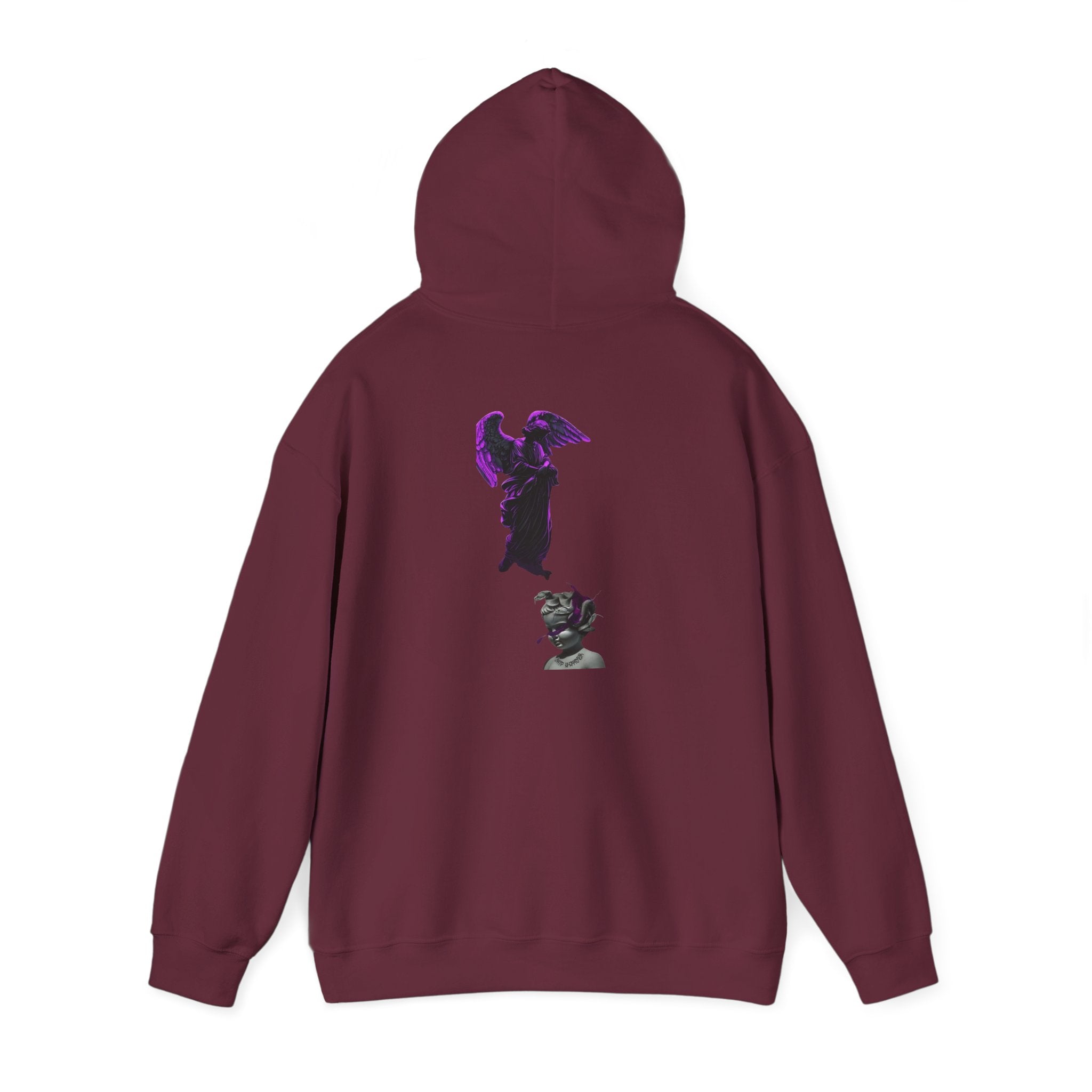 Angel Statue Hoodie — Gothic Purple Accent Sculptural Graphic Hoodie