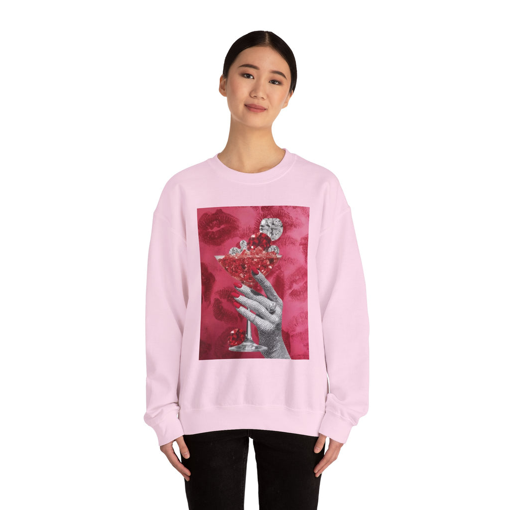 Crewneck Sweatshirt — Glamorous Red Cocktail Collage (Hand Holding Glass, Lip Print)