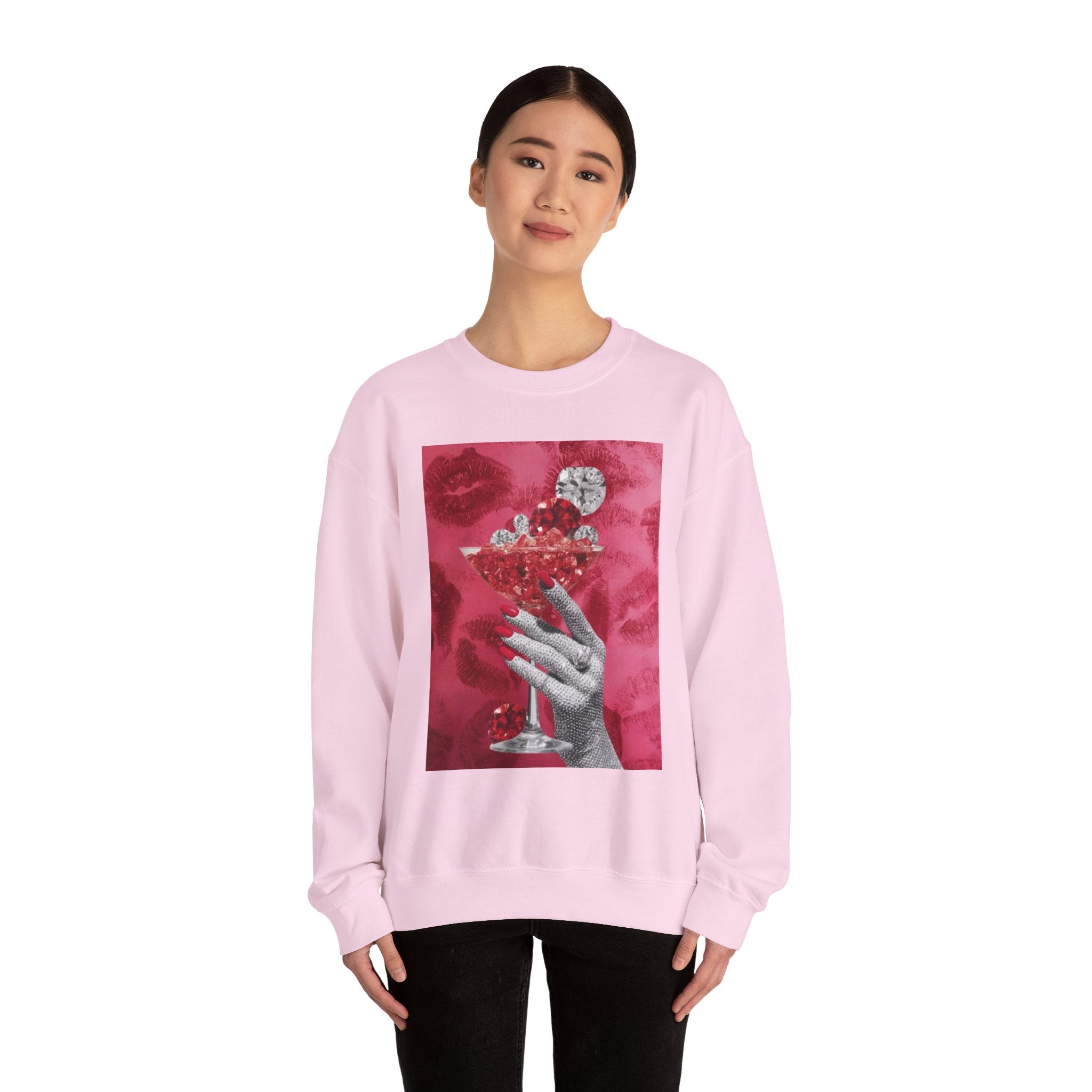 Crewneck Sweatshirt — Glamorous Red Cocktail Collage (Hand Holding Glass, Lip Print)