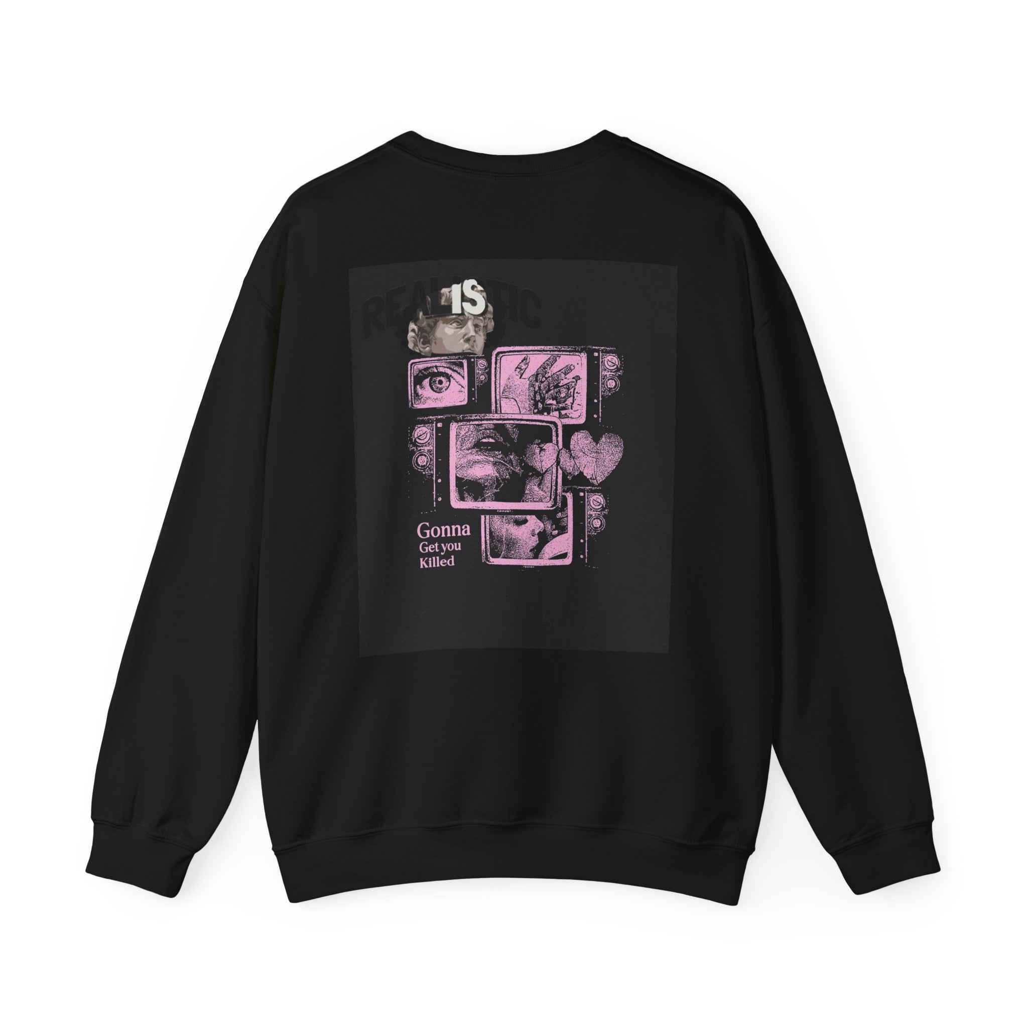 Crewneck Sweatshirt — Pink Collage Eyes Graphic “Gonna Get You, Kiddo”