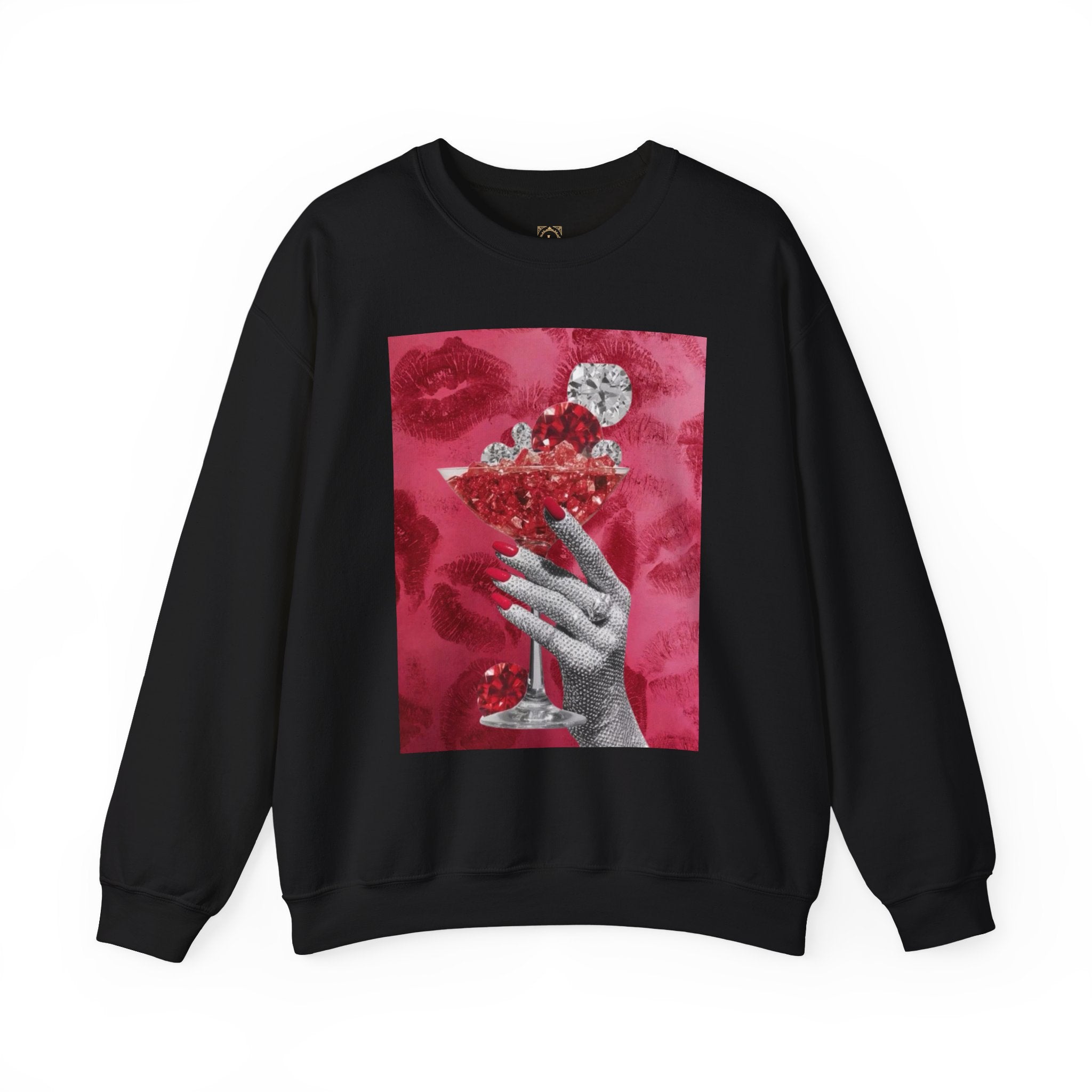 Crewneck Sweatshirt — Glamorous Red Cocktail Collage (Hand Holding Glass, Lip Print)