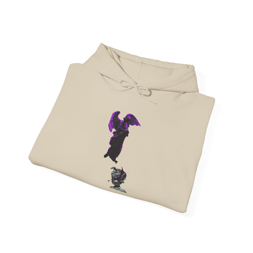 Angel Statue Hoodie — Gothic Purple Accent Sculptural Graphic Hoodie