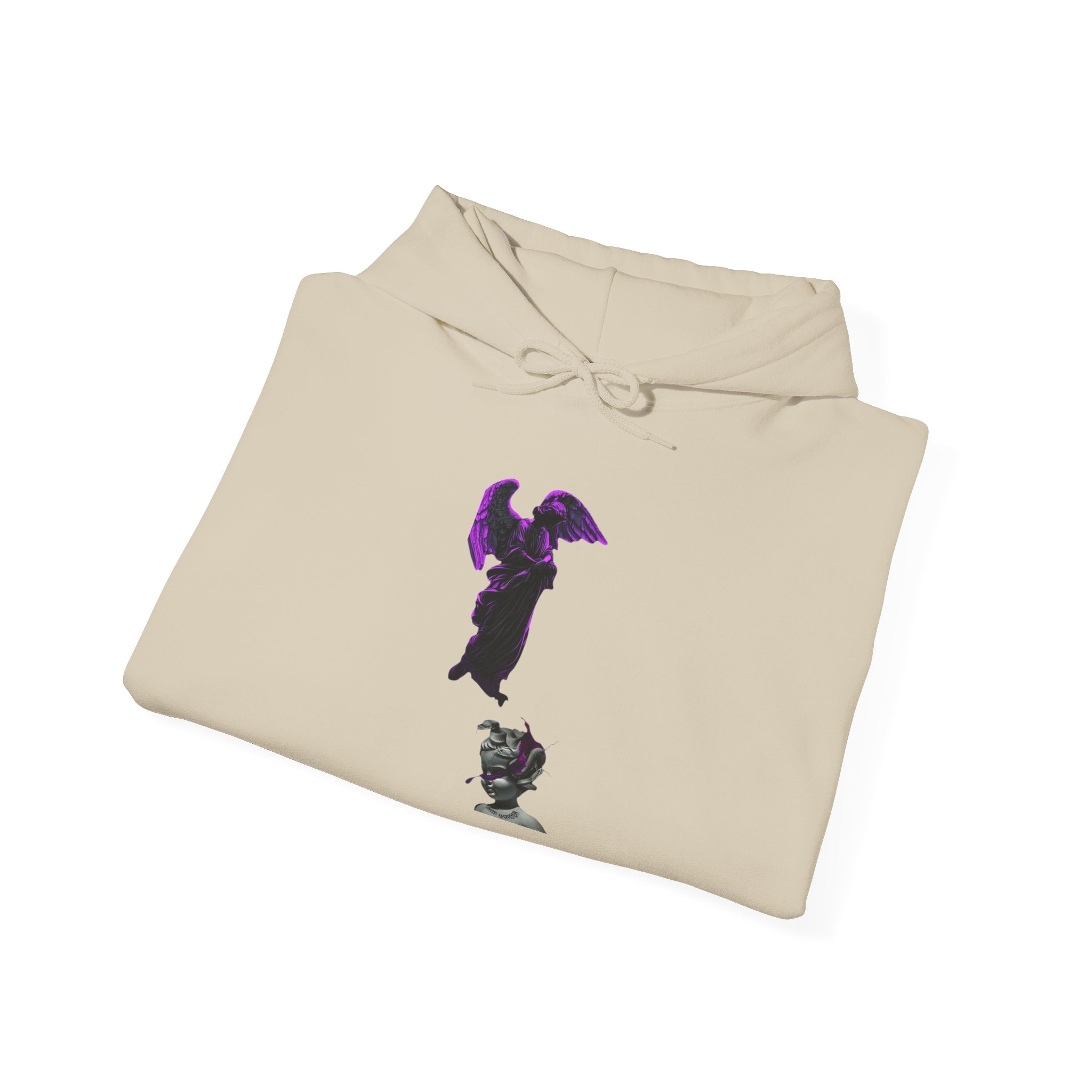 Angel Statue Hoodie — Gothic Purple Accent Sculptural Graphic Hoodie