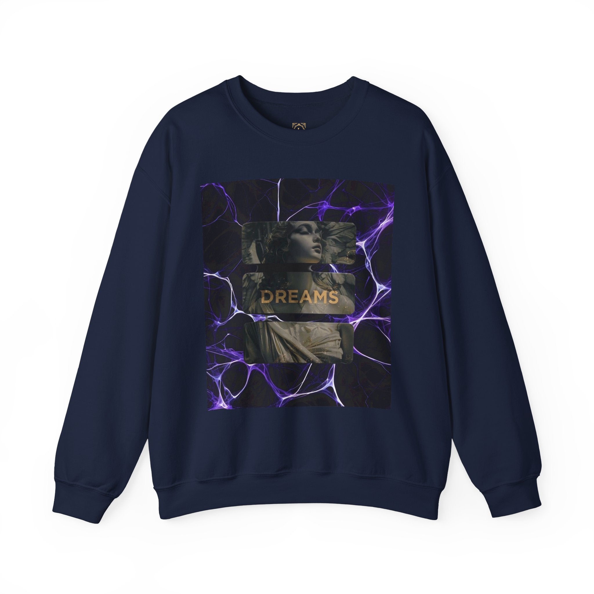 Dreams Statue Crewneck Sweatshirt — Retro Statue Graphic with Purple Lightning
