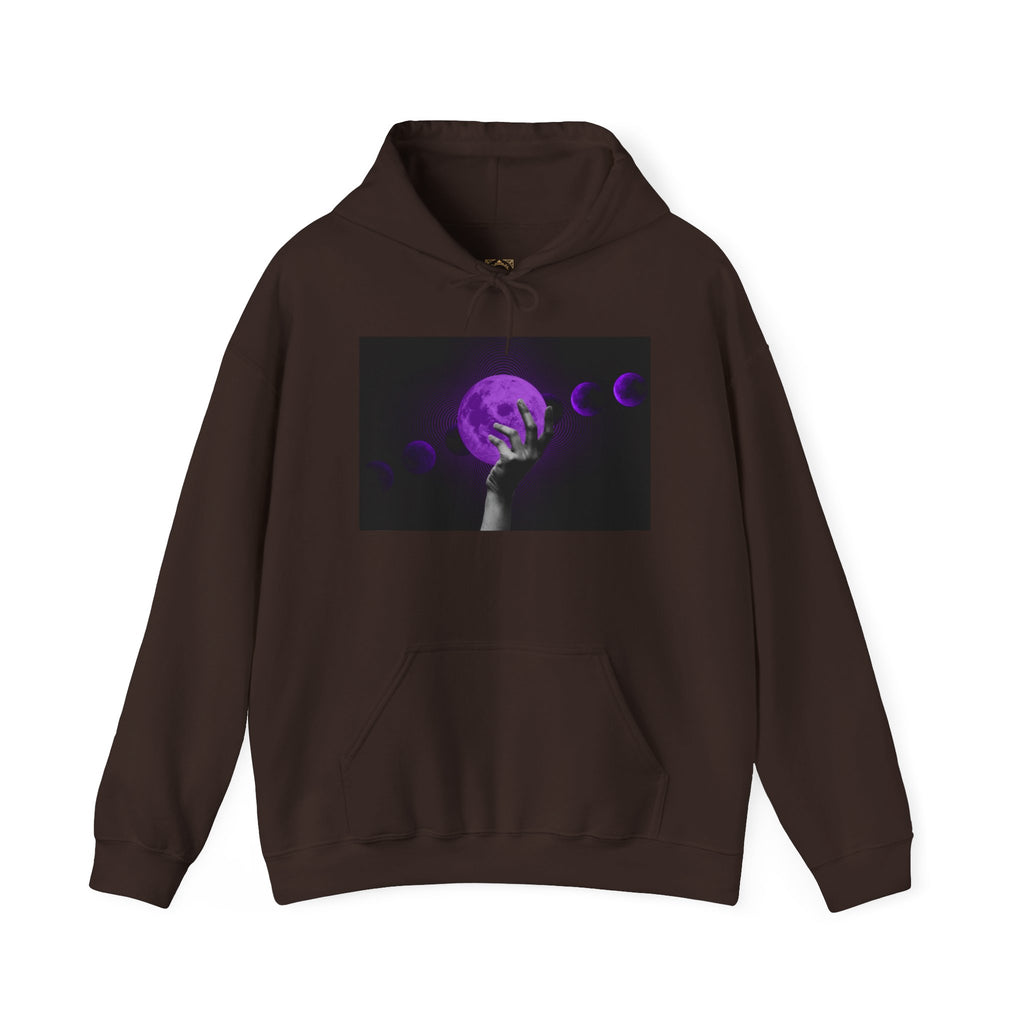 Moon Phases Hoodie — Purple Lunar Hand Graphic Pullover
