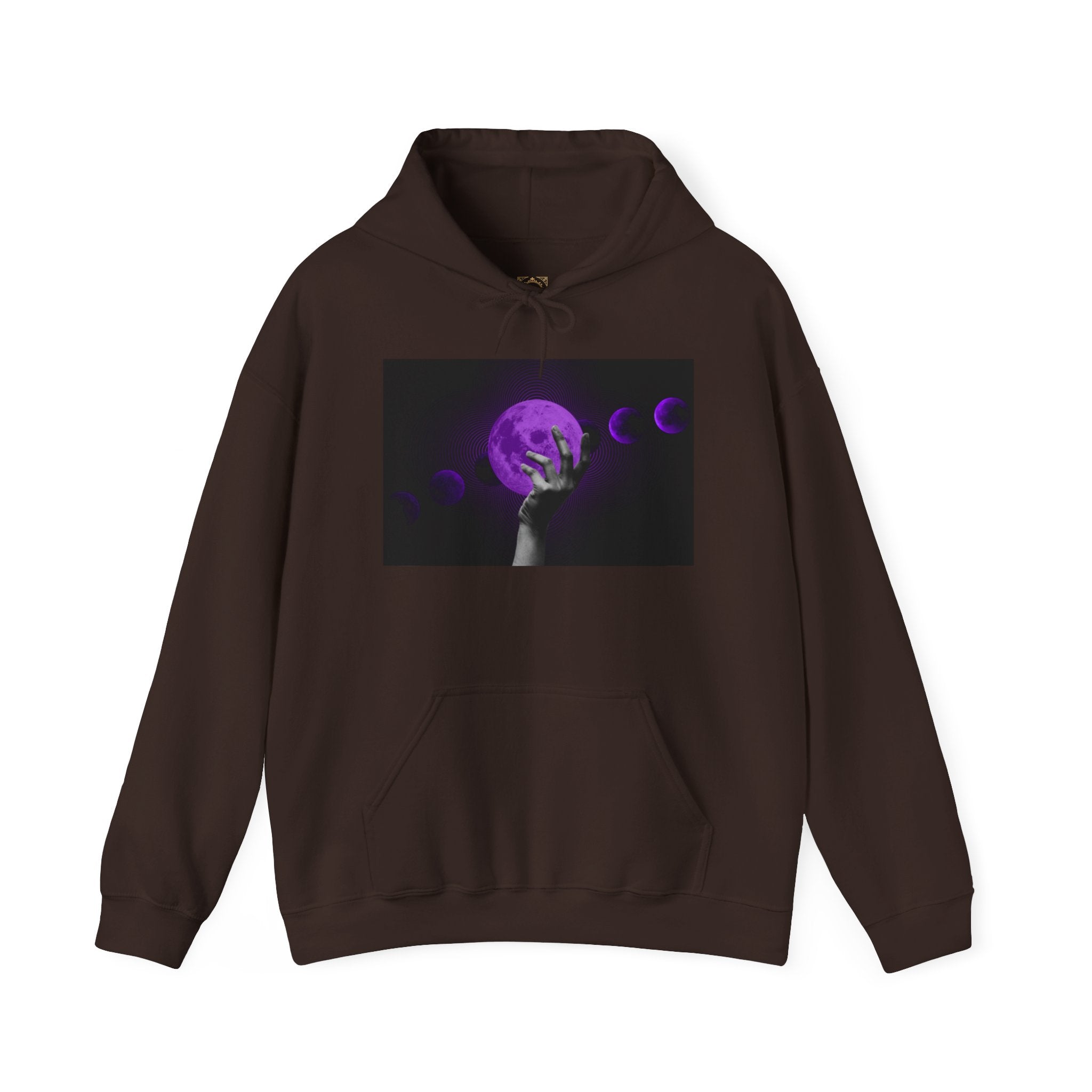 Moon Phases Hoodie — Purple Lunar Hand Graphic Pullover