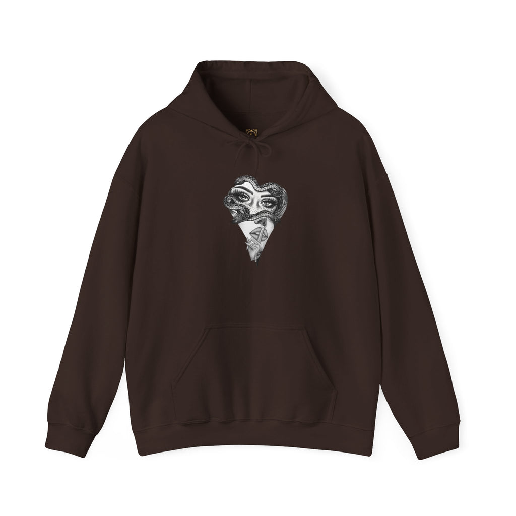 Abstract Heart Mask Hoodie — Surreal Black & White Graphic Pullover