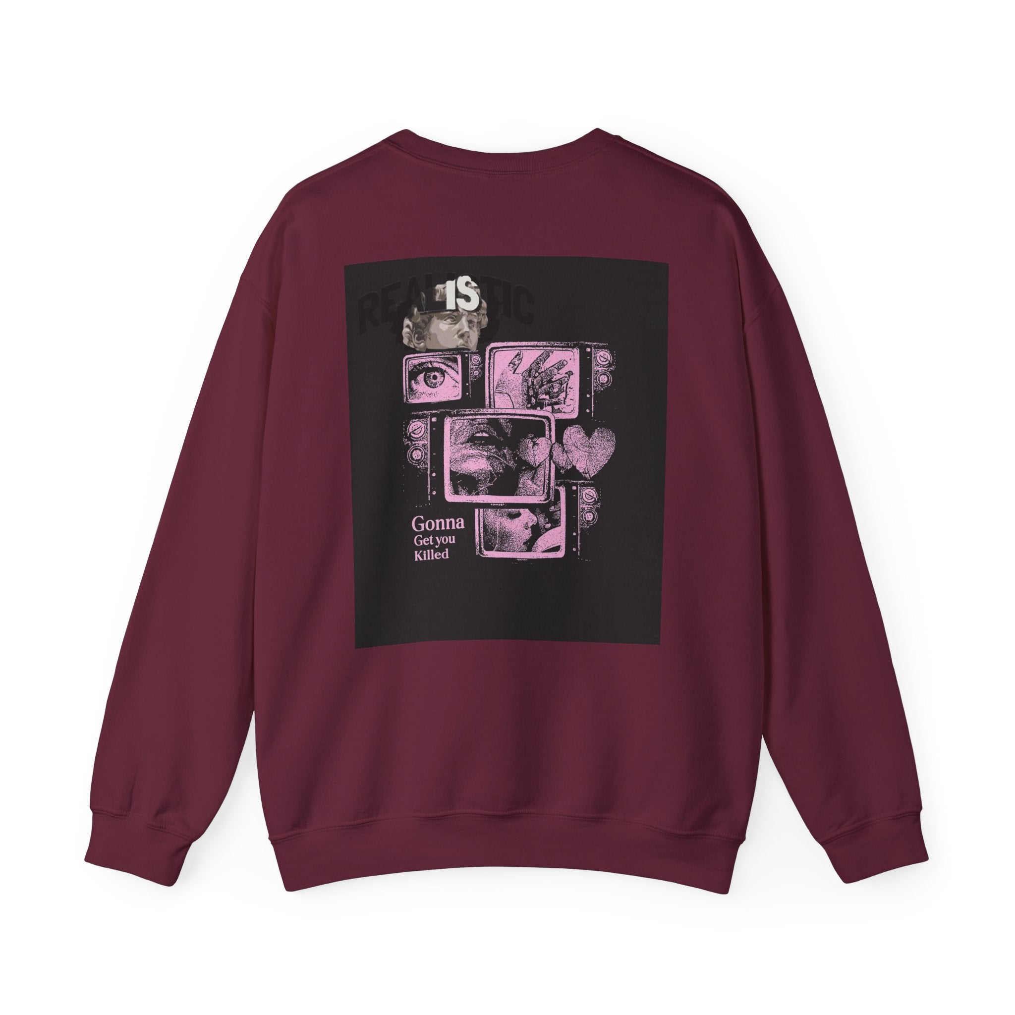 Crewneck Sweatshirt — Pink Collage Eyes Graphic “Gonna Get You, Kiddo”