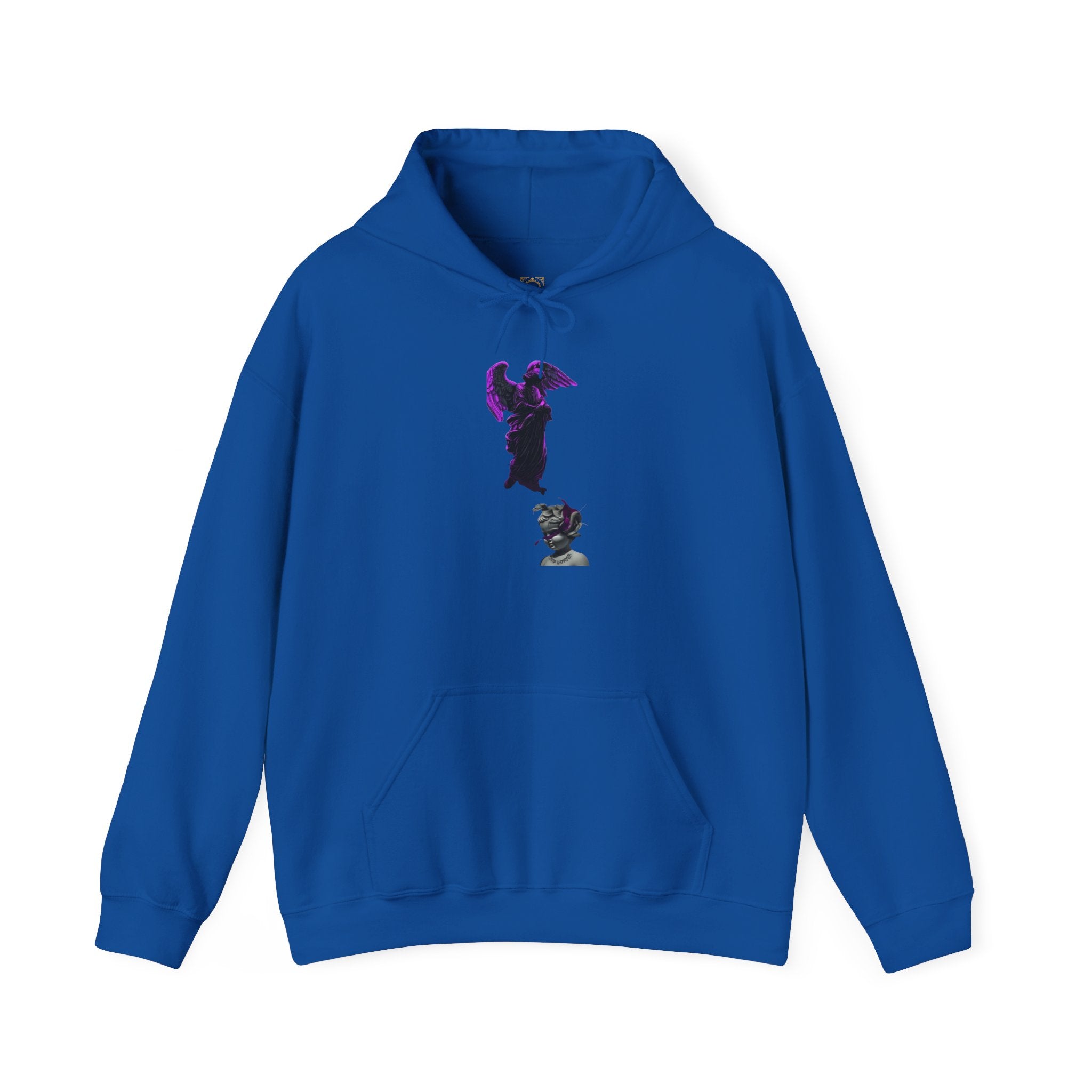 Angel Statue Hoodie — Gothic Purple Accent Sculptural Graphic Hoodie