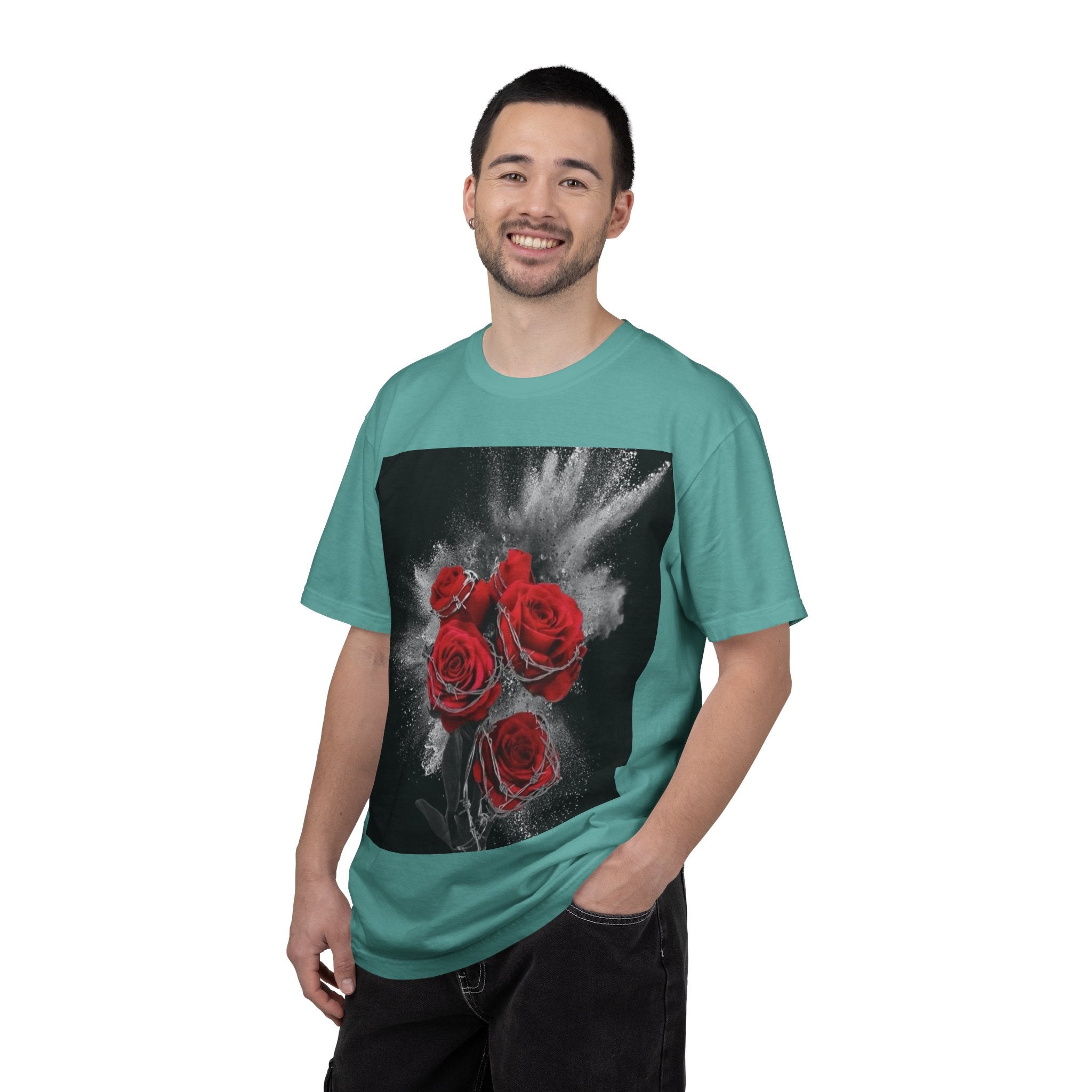 Rose Burst T-Shirt — Red Roses Graphic Tee with 'LEGACIESS' Back Logo