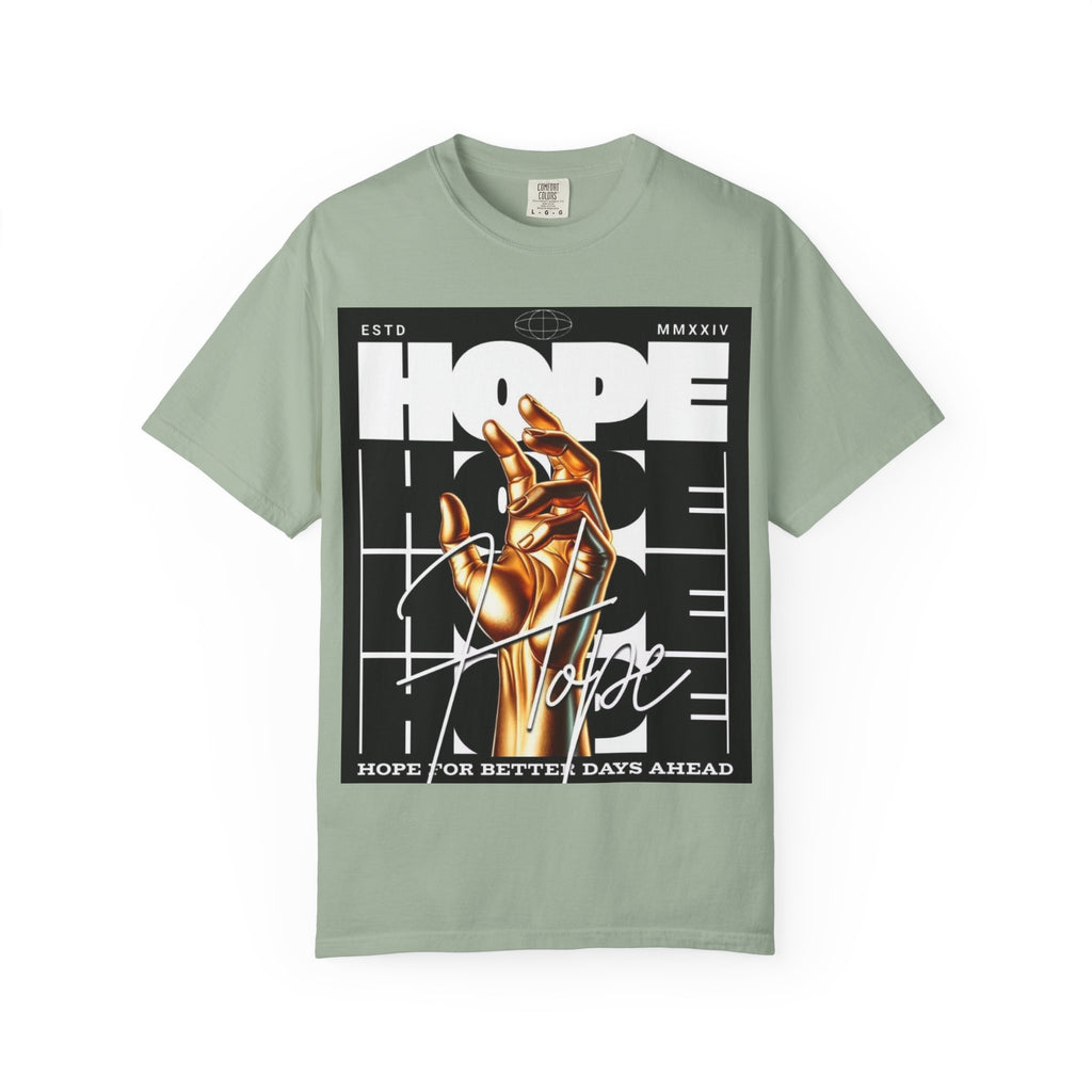 Hope Vibe Graphic T-Shirt — 'Hope for Better Days Ahead' Chest Print with Gold Hand & Back 'Legaciess' Logo