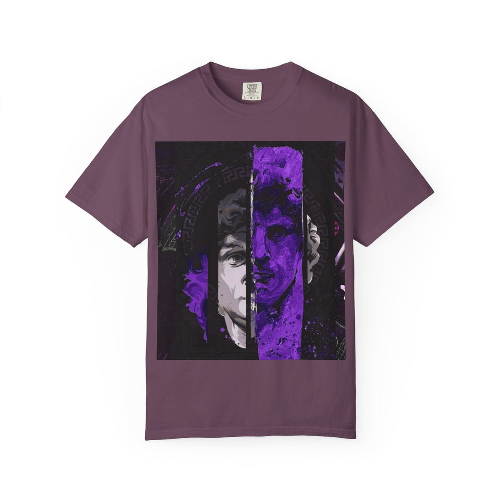 Dramatic Split-Face Graphic T-Shirt — Purple Noir Portrait Tee
