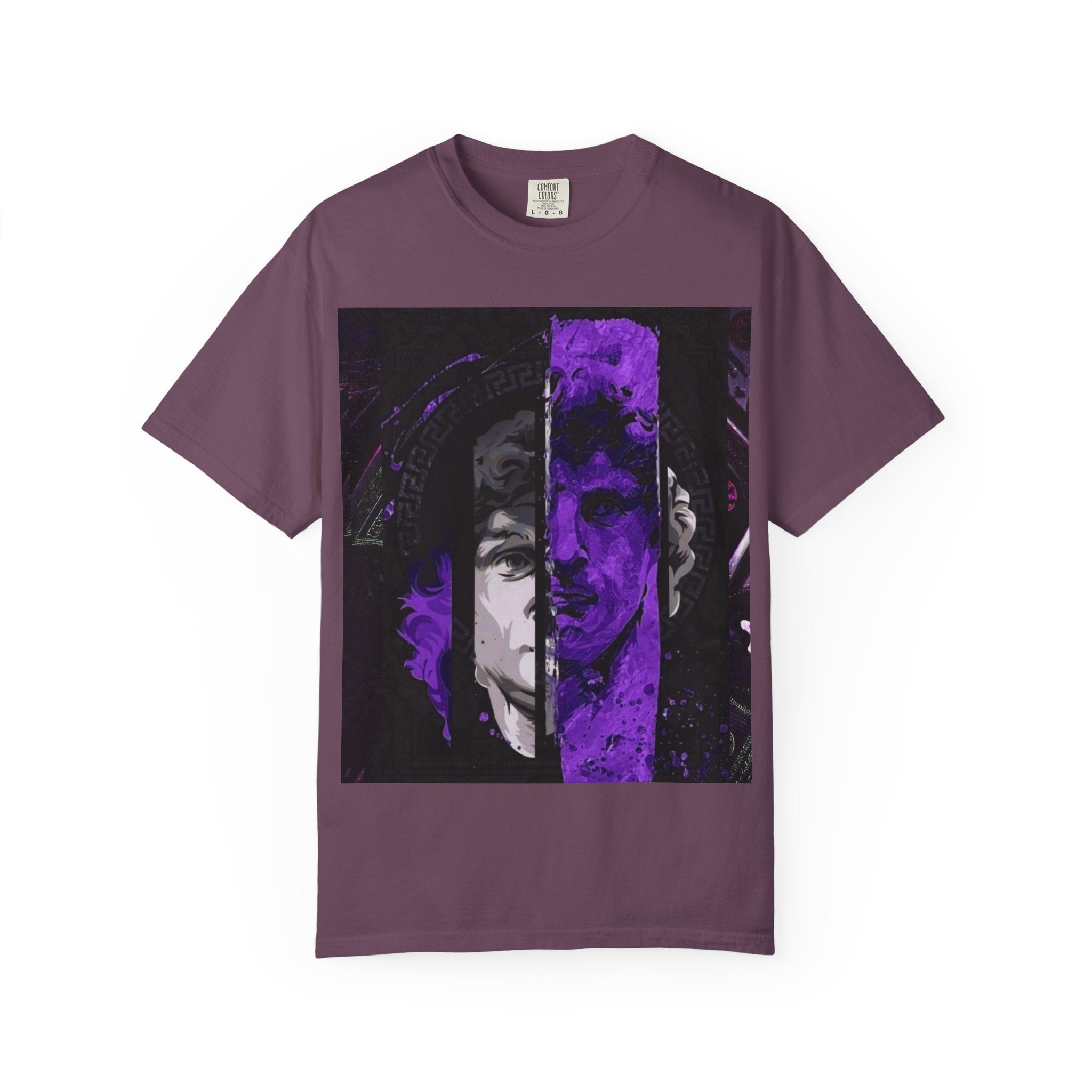Dramatic Split-Face Graphic T-Shirt — Purple Noir Portrait Tee