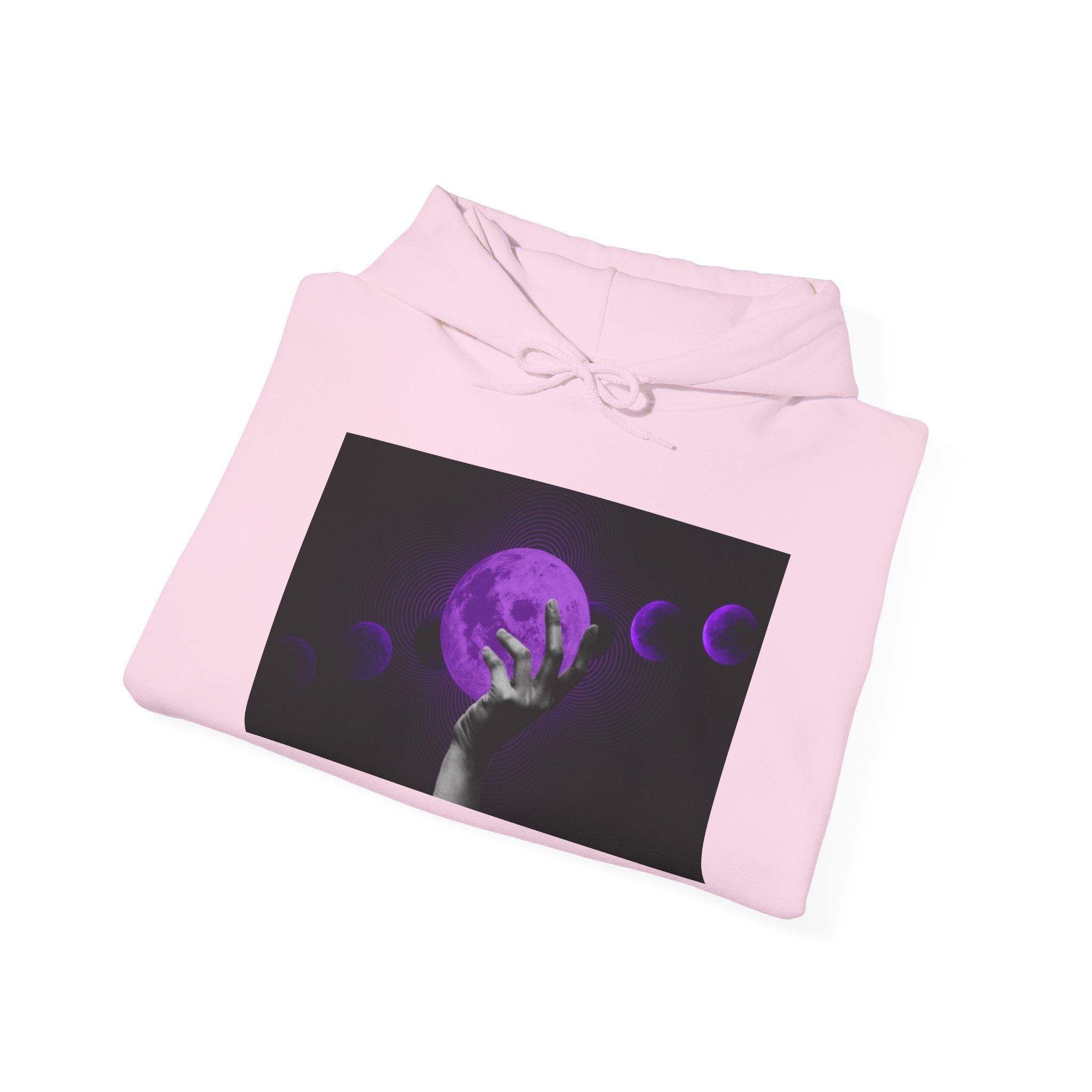 Moon Phases Hoodie — Purple Lunar Hand Graphic Pullover