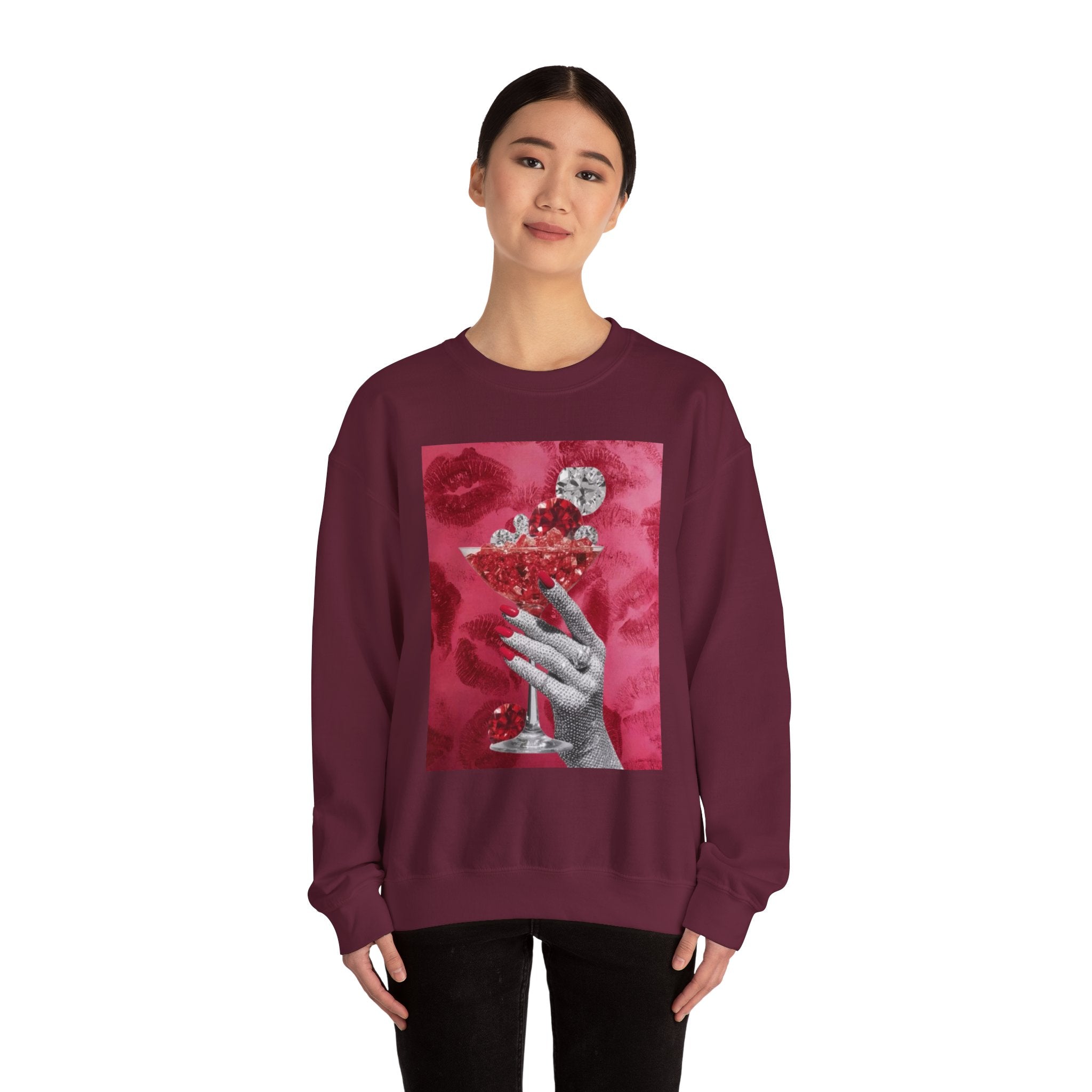 Crewneck Sweatshirt — Glamorous Red Cocktail Collage (Hand Holding Glass, Lip Print)
