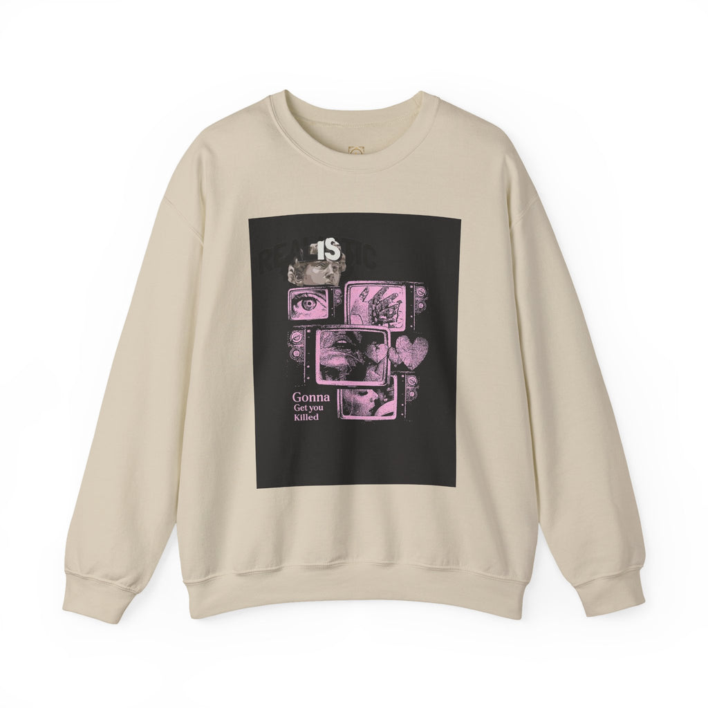 Crewneck Sweatshirt — Pink Collage Eyes Graphic “Gonna Get You, Kiddo”