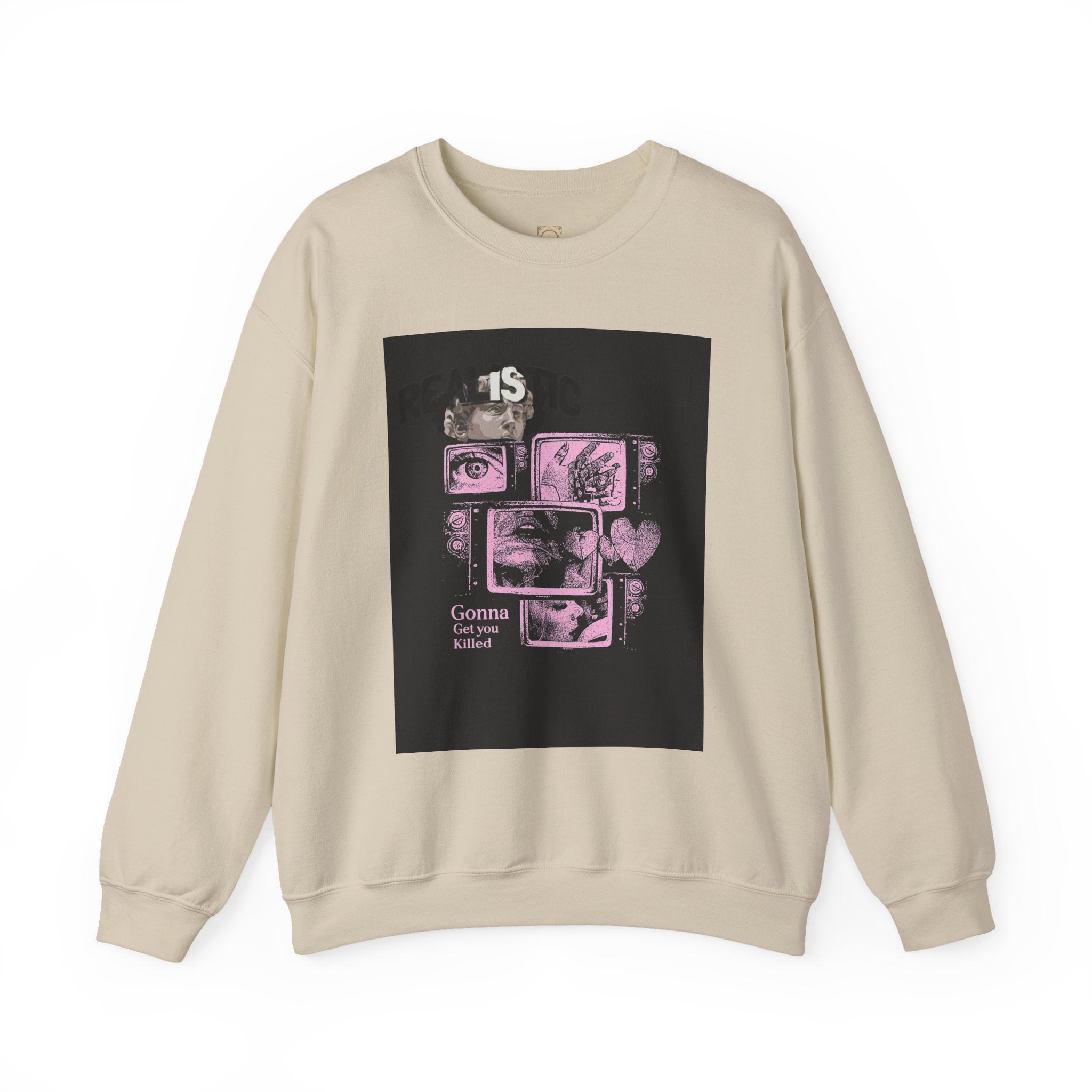 Crewneck Sweatshirt — Pink Collage Eyes Graphic “Gonna Get You, Kiddo”