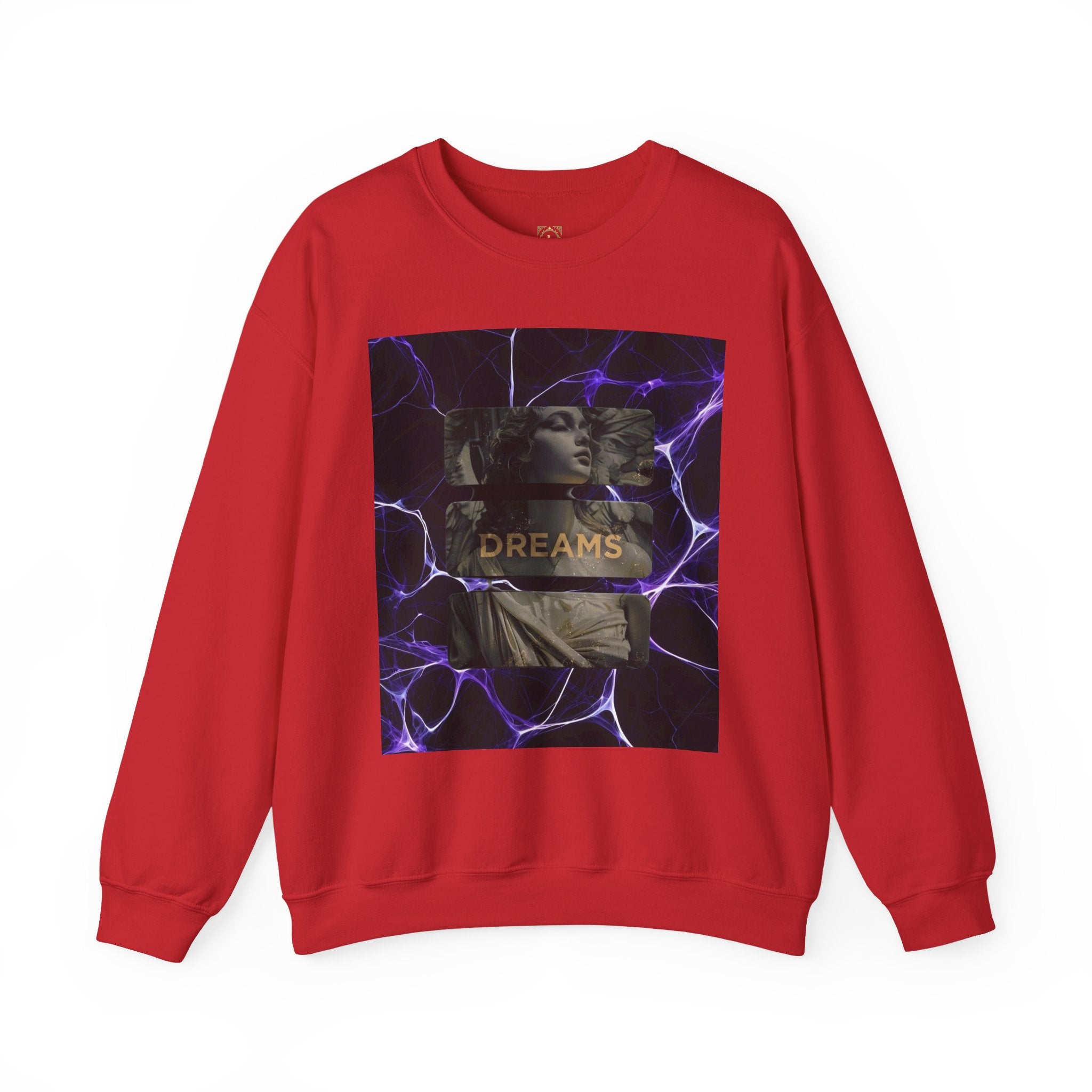 Dreams Statue Crewneck Sweatshirt — Retro Statue Graphic with Purple Lightning