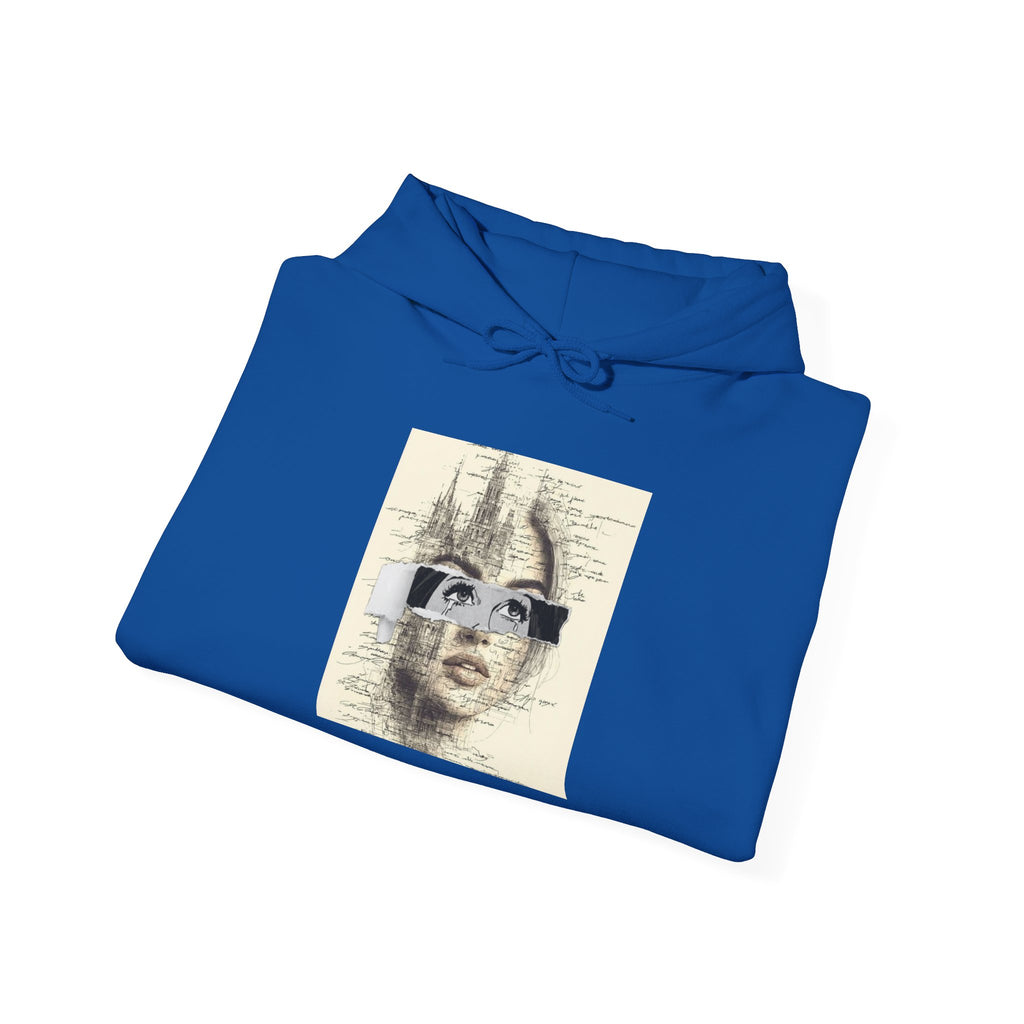 Artistic Face Collage Hoodie — Vintage Script Portrait Sweatshirt
