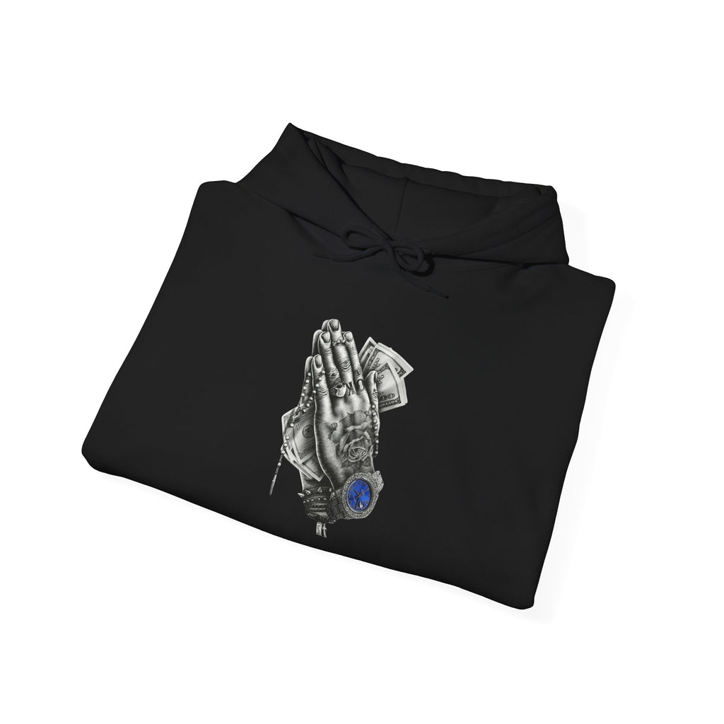 Hoodie — Praying Hands Graphic Hoodie with Blue Rose Accent