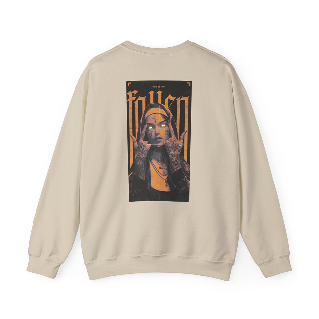 Fallen Gothic Crewneck Sweatshirt — Dark Tattooed Nun Graphic
