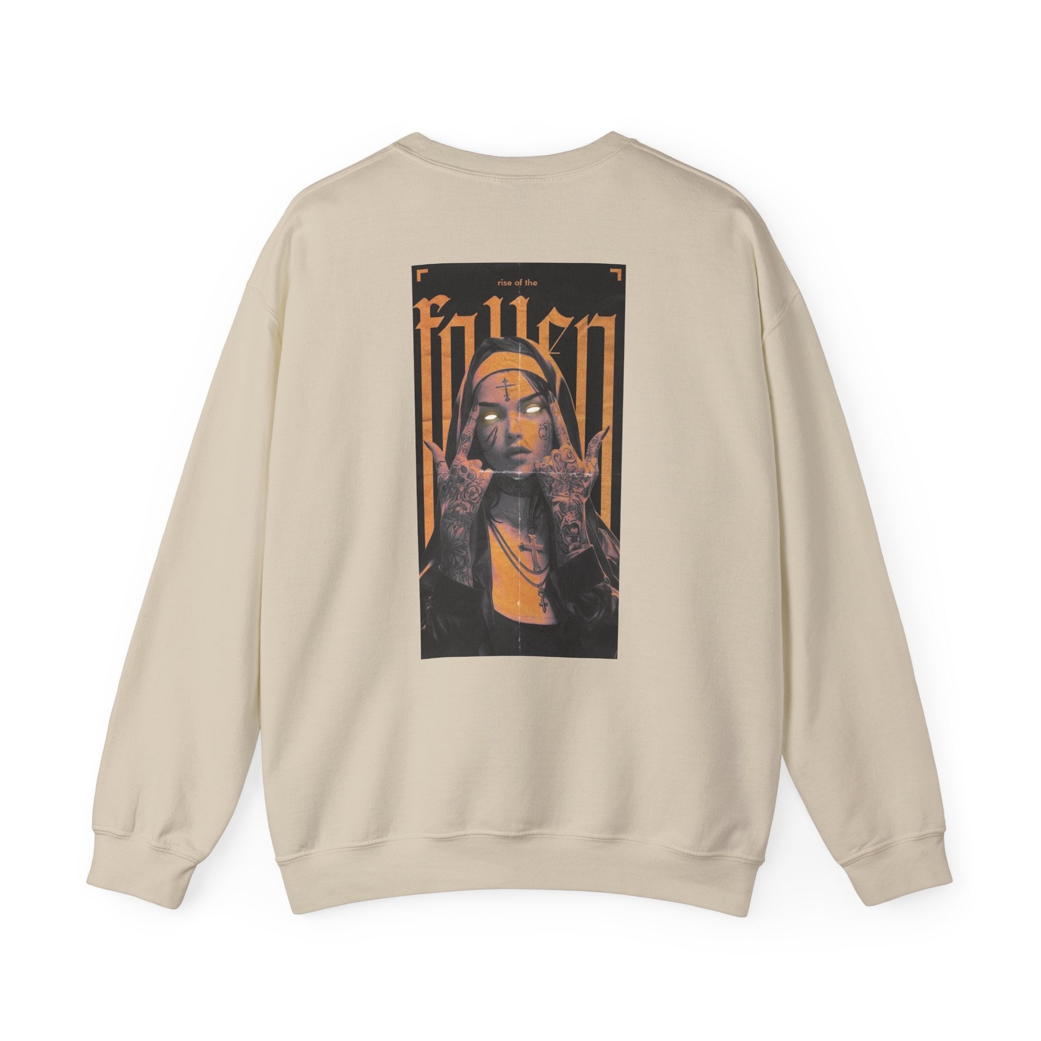 Fallen Gothic Crewneck Sweatshirt — Dark Tattooed Nun Graphic