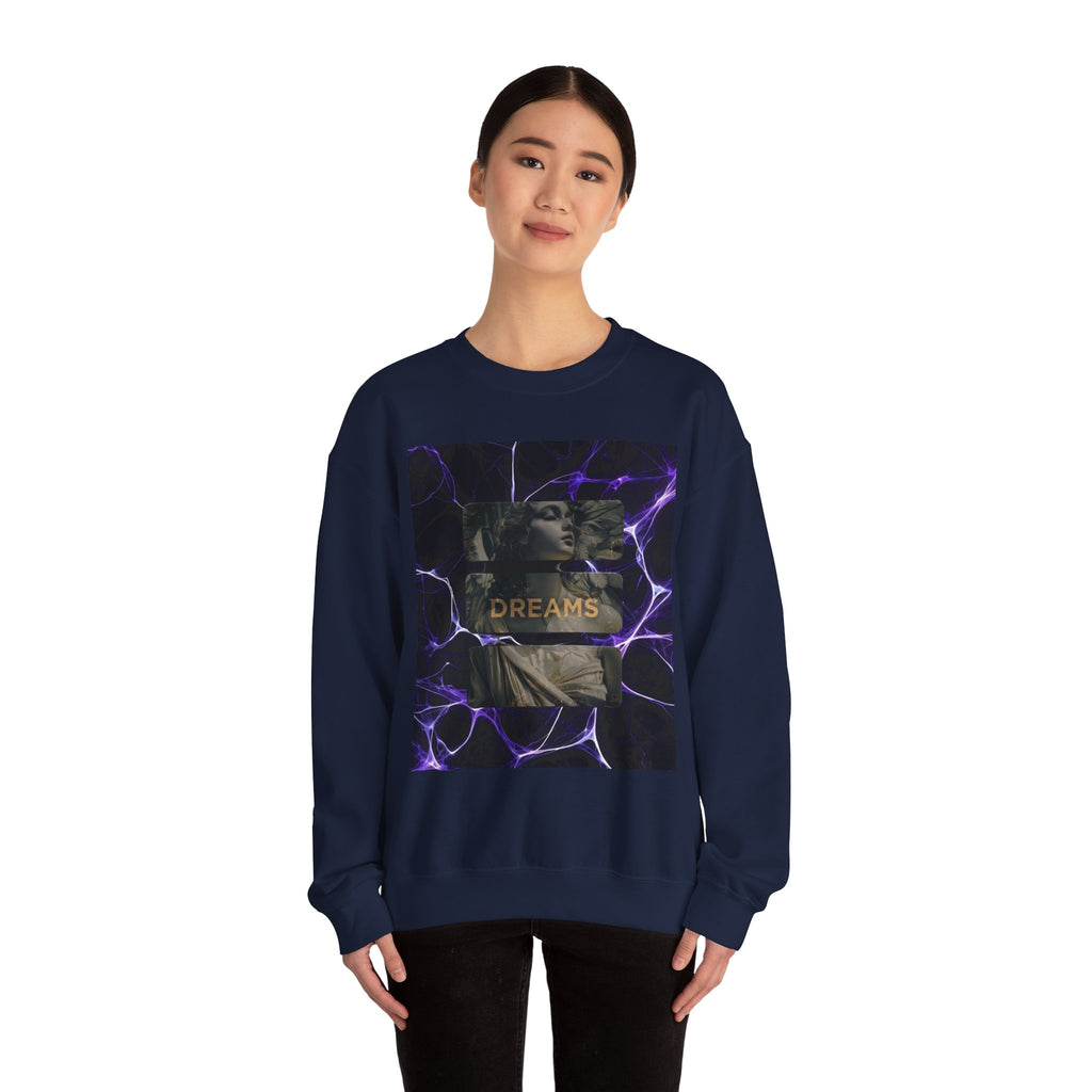 Dreams Statue Crewneck Sweatshirt — Retro Statue Graphic with Purple Lightning