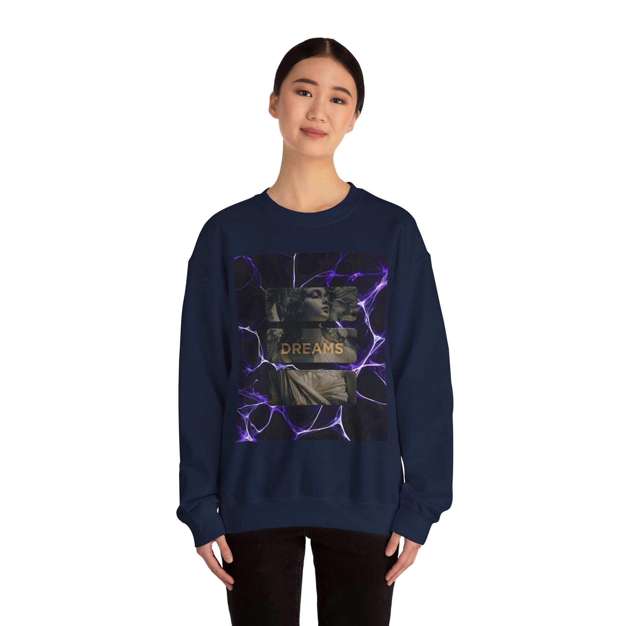 Dreams Statue Crewneck Sweatshirt — Retro Statue Graphic with Purple Lightning