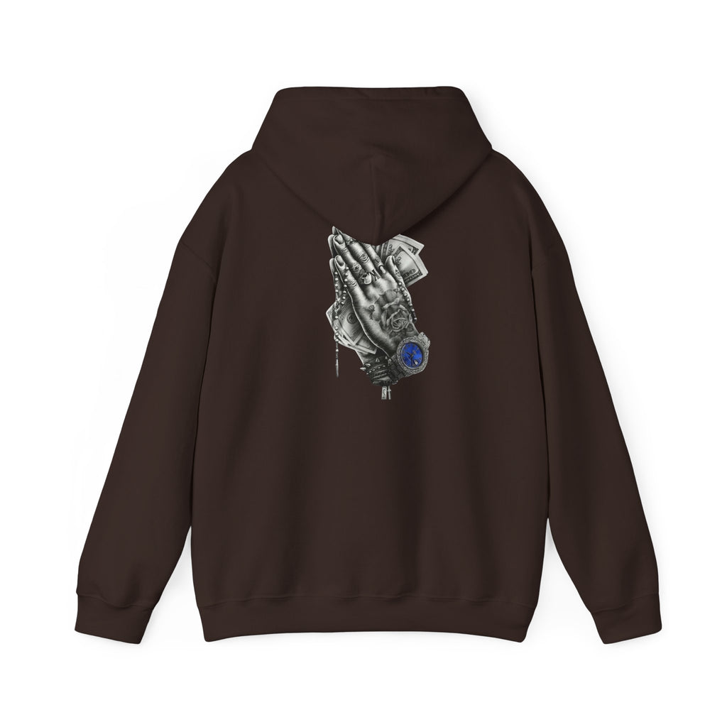 Hoodie — Praying Hands Graphic Hoodie with Blue Rose Accent