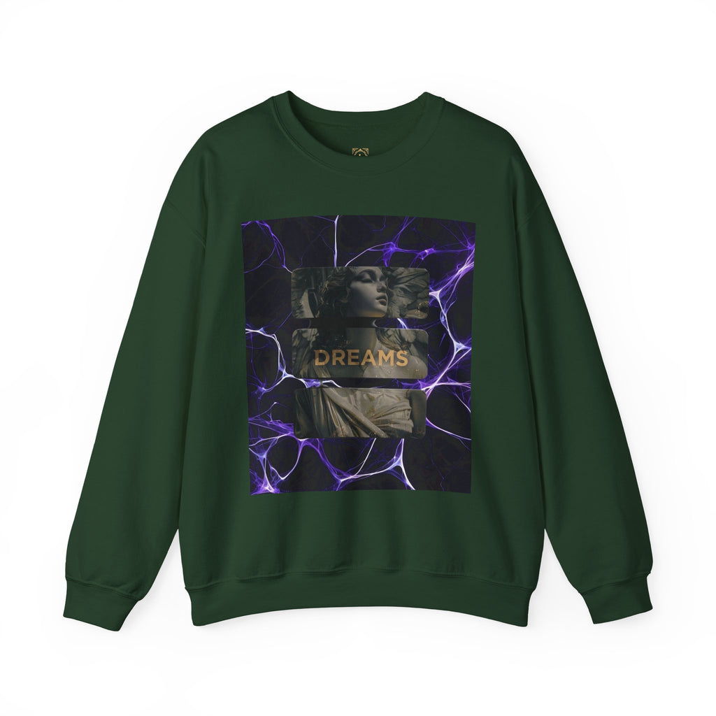 Dreams Statue Crewneck Sweatshirt — Retro Statue Graphic with Purple Lightning