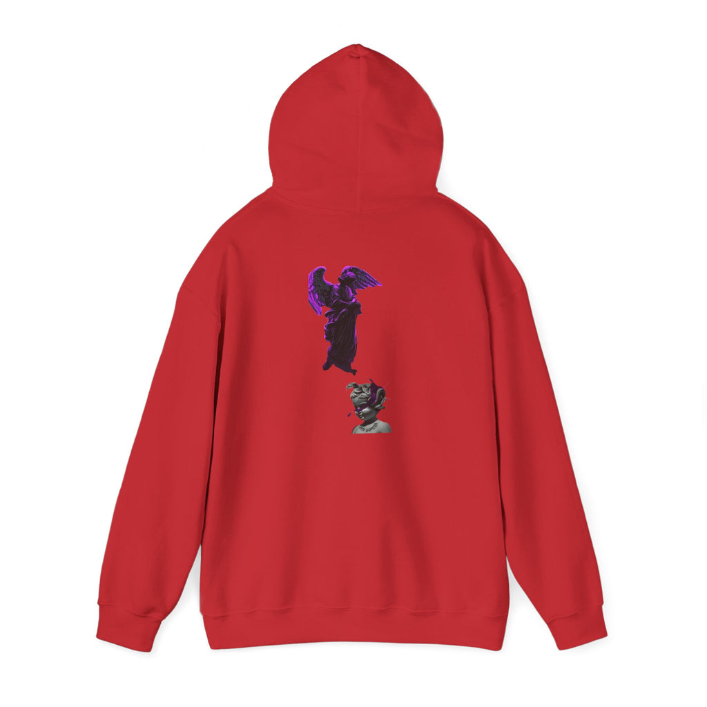 Angel Statue Hoodie — Gothic Purple Accent Sculptural Graphic Hoodie