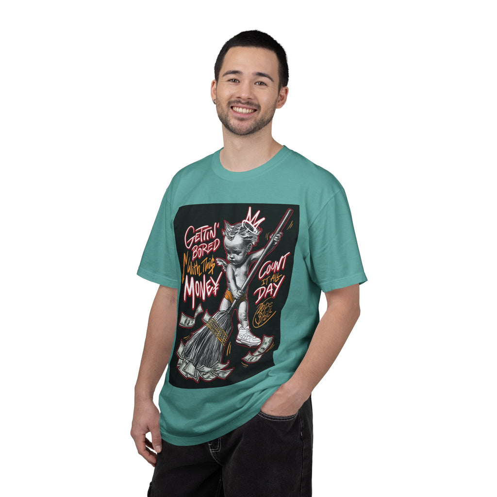 Cat Broomstick Money Tee — "Gettin' Bored With This Money" Graphic T-Shirt
