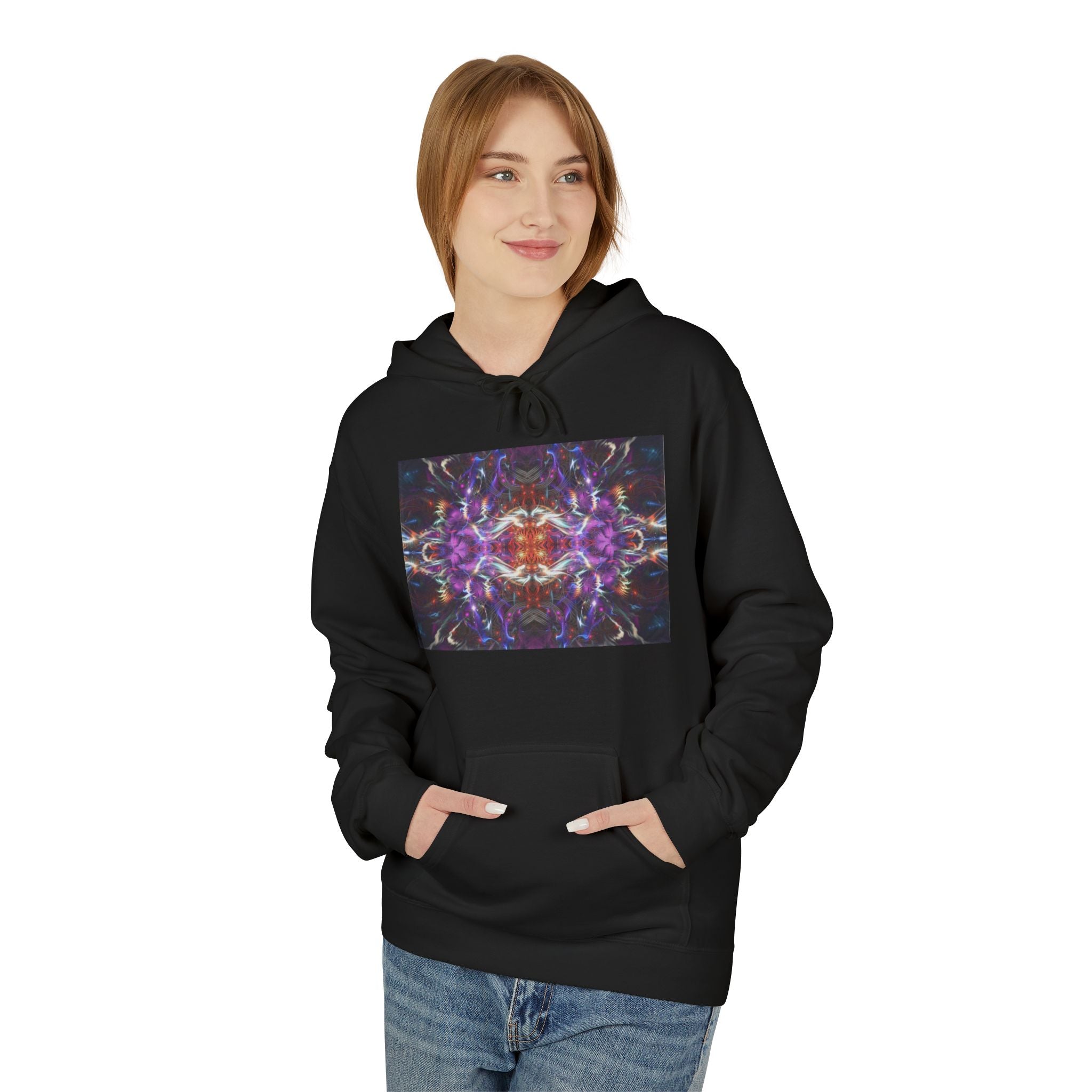Kaleidoscope Neon Abstract Hoodie — Psychedelic Symmetry Graphic Sweatshirt