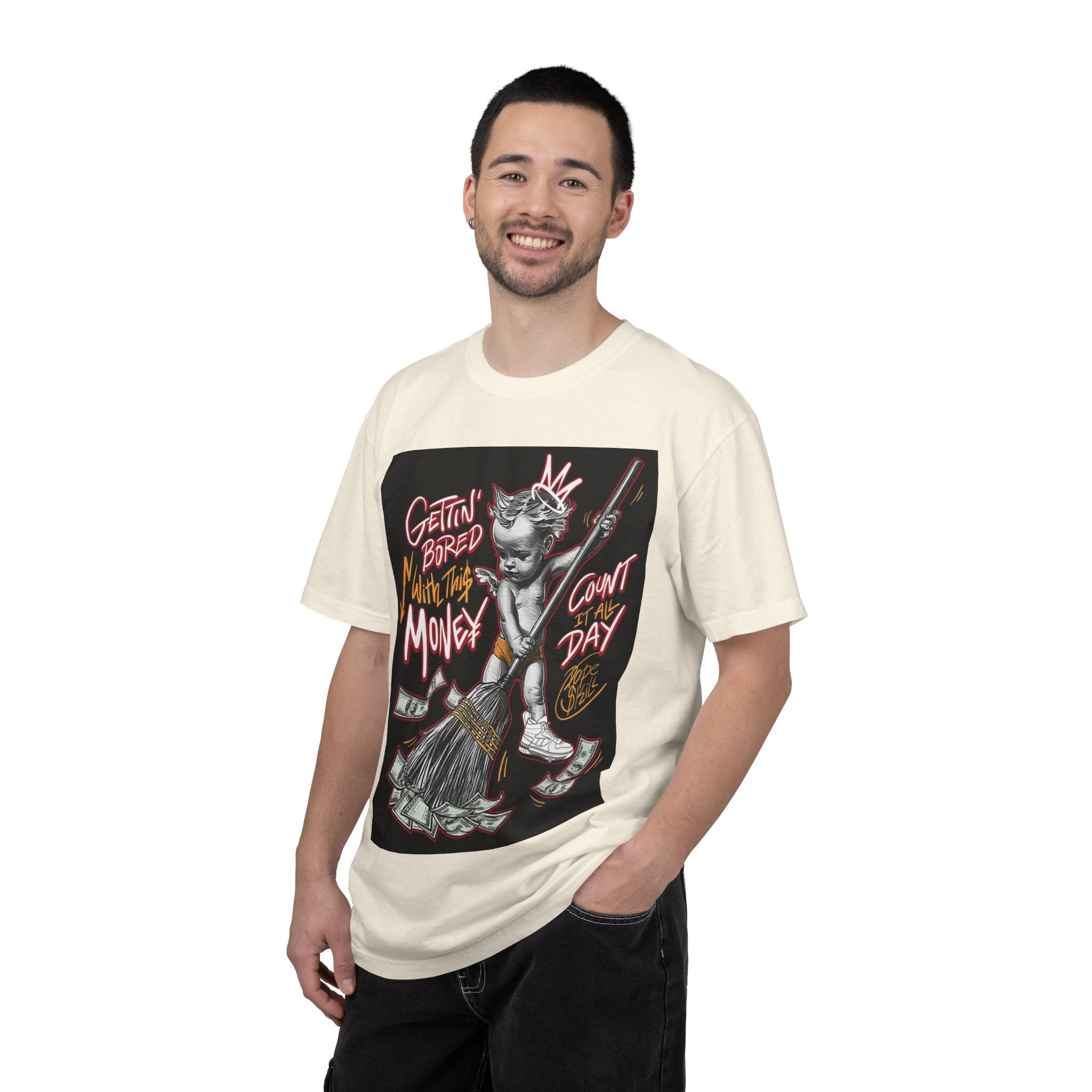 Cat Broomstick Money Tee — "Gettin' Bored With This Money" Graphic T-Shirt