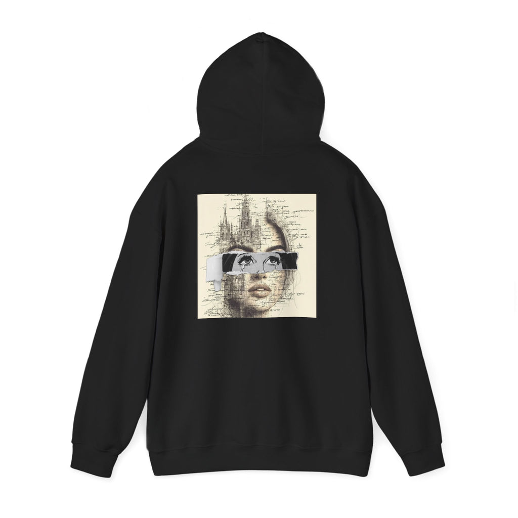 Artistic Face Collage Hoodie — Vintage Script Portrait Sweatshirt