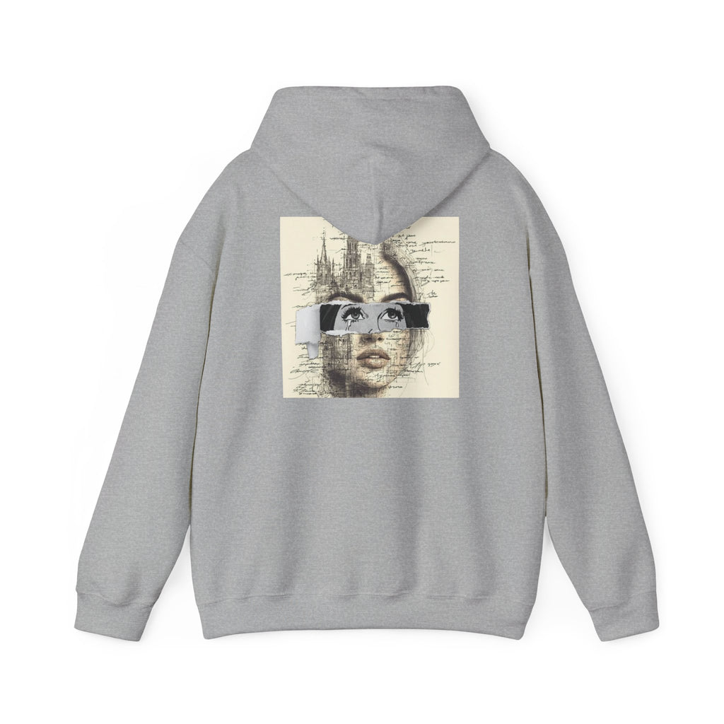 Artistic Face Collage Hoodie — Vintage Script Portrait Sweatshirt
