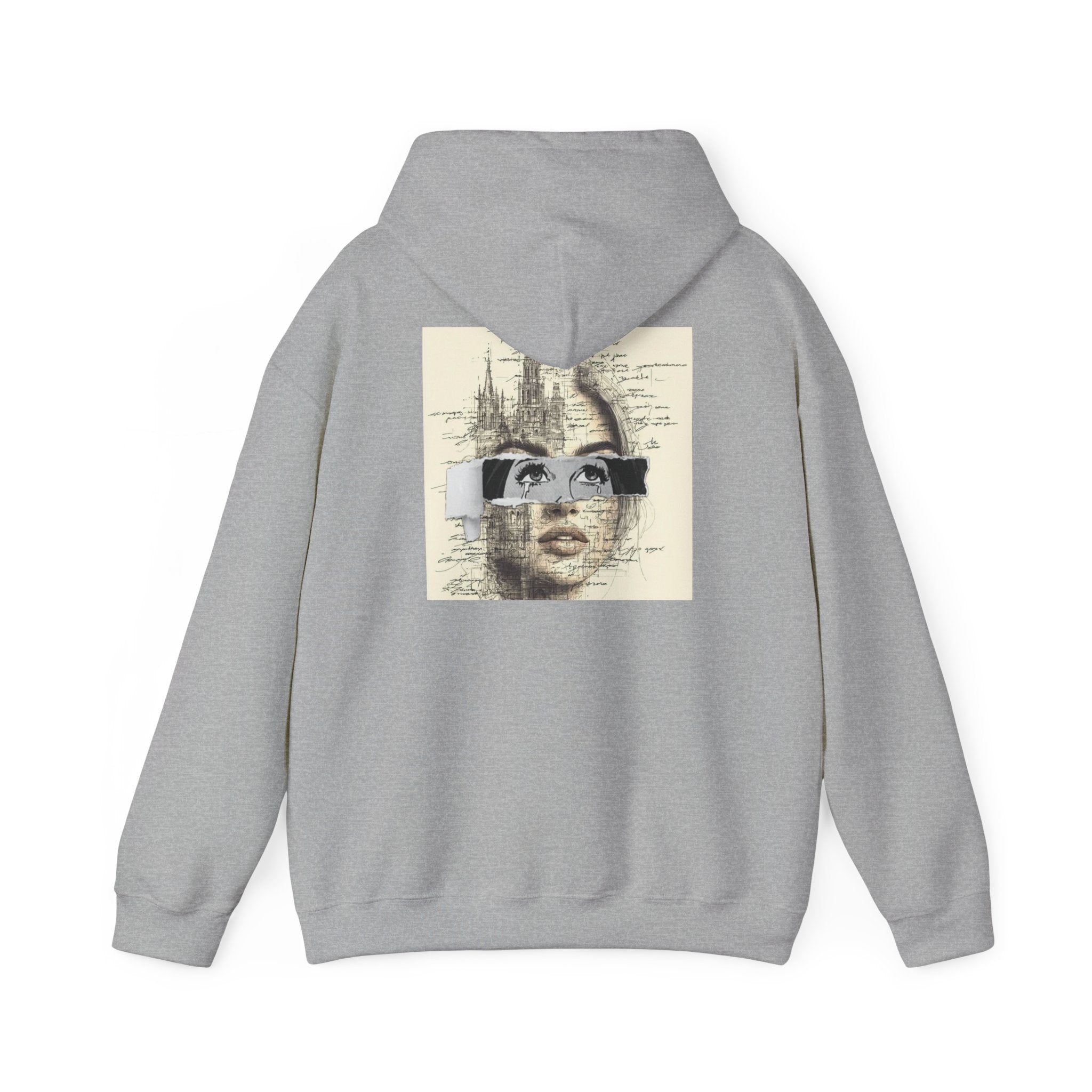 Artistic Face Collage Hoodie — Vintage Script Portrait Sweatshirt