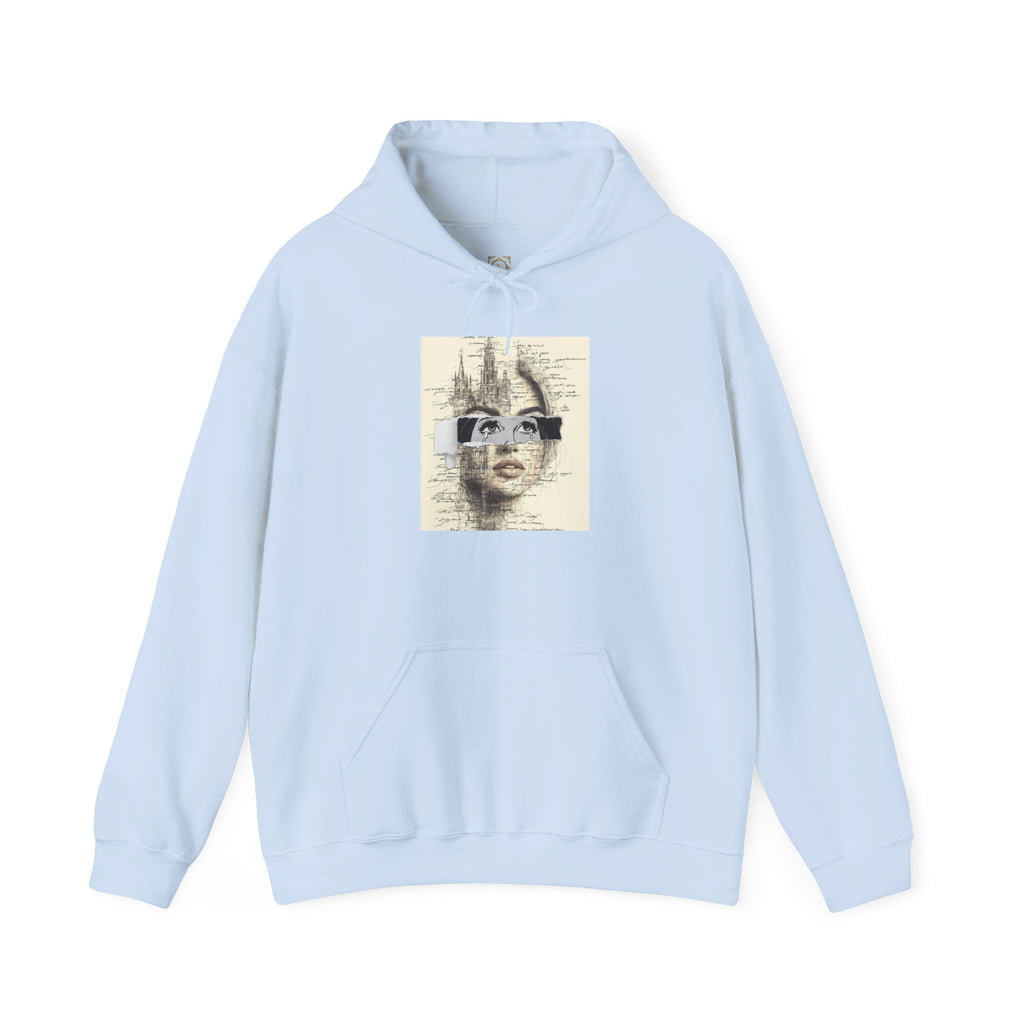 Artistic Face Collage Hoodie — Vintage Script Portrait Sweatshirt