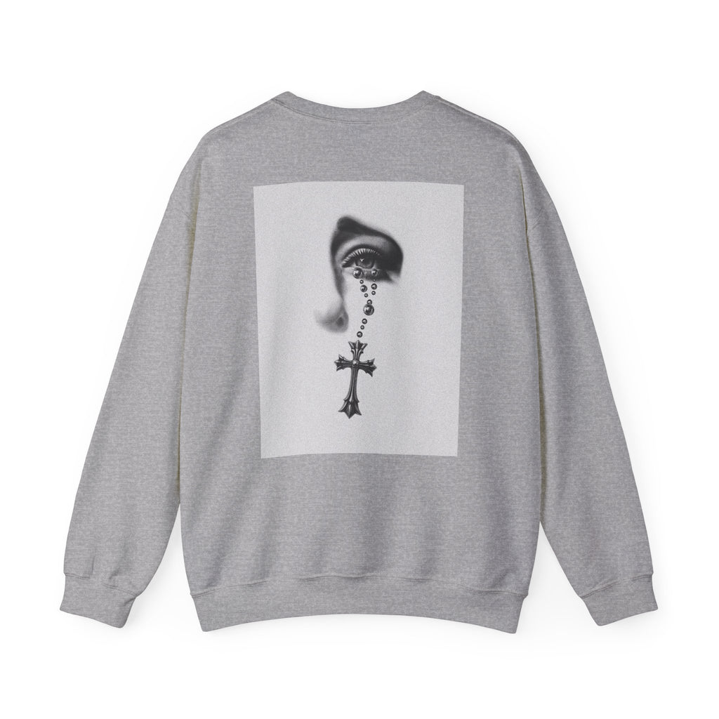Rosary Tear Crewneck Sweatshirt — Gothic Eye & Cross Graphic