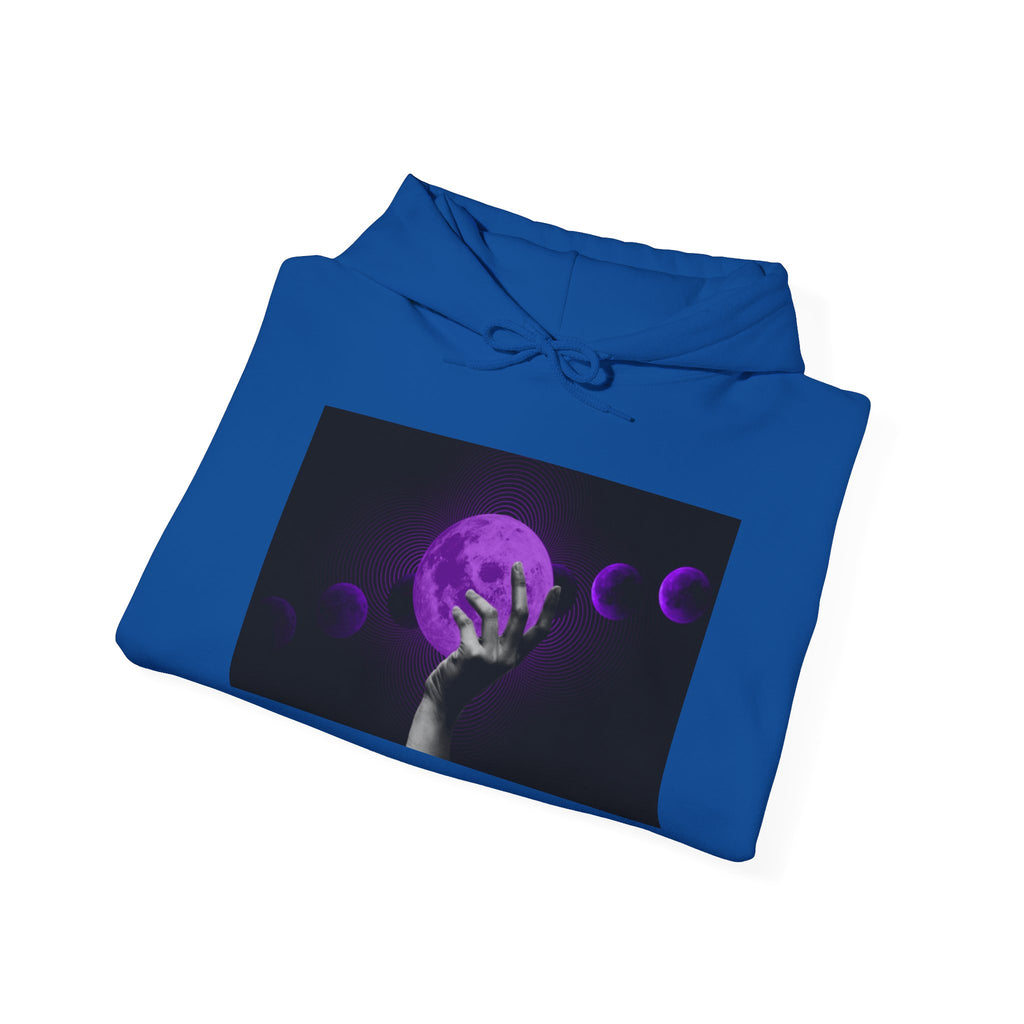 Moon Phases Hoodie — Purple Lunar Hand Graphic Pullover