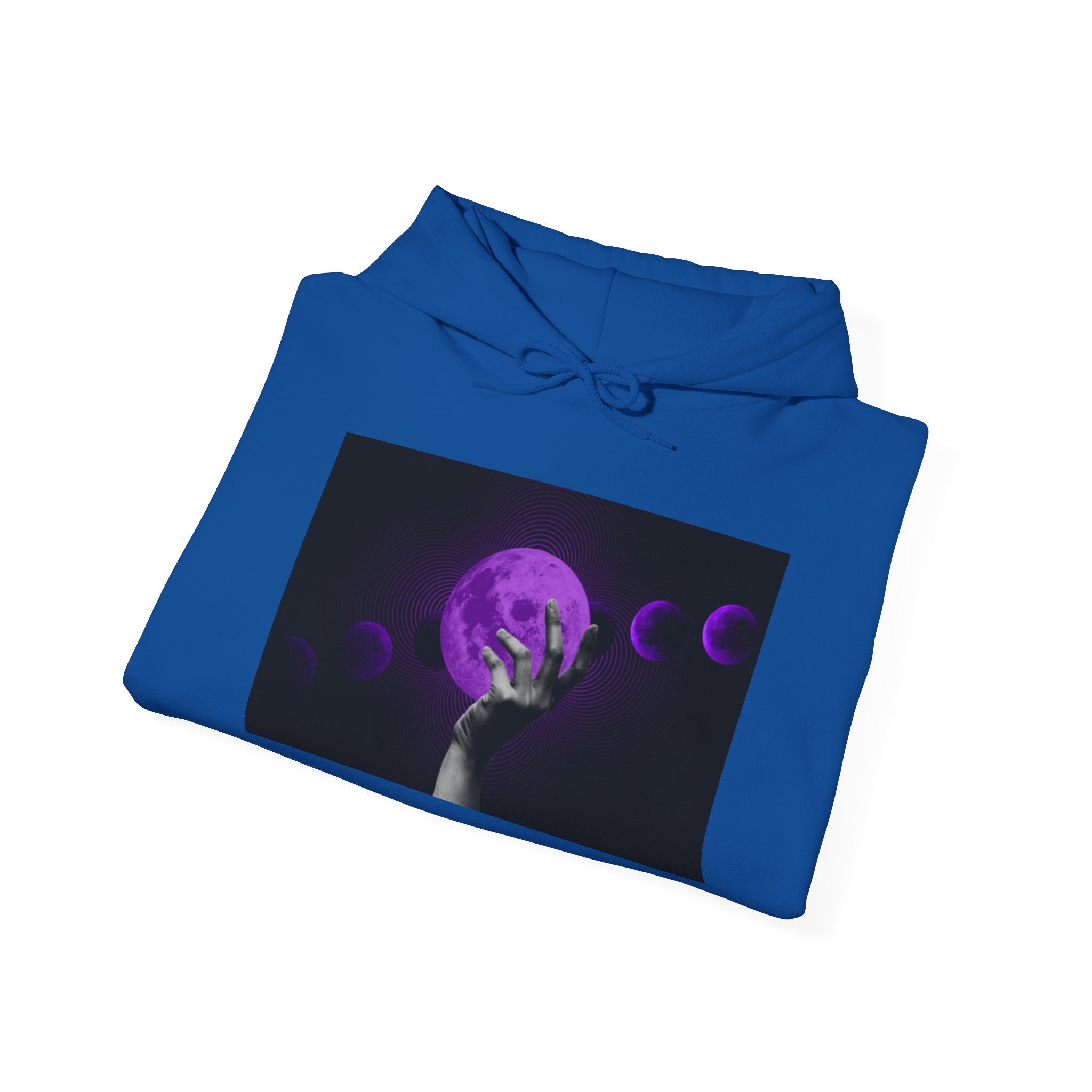 Moon Phases Hoodie — Purple Lunar Hand Graphic Pullover